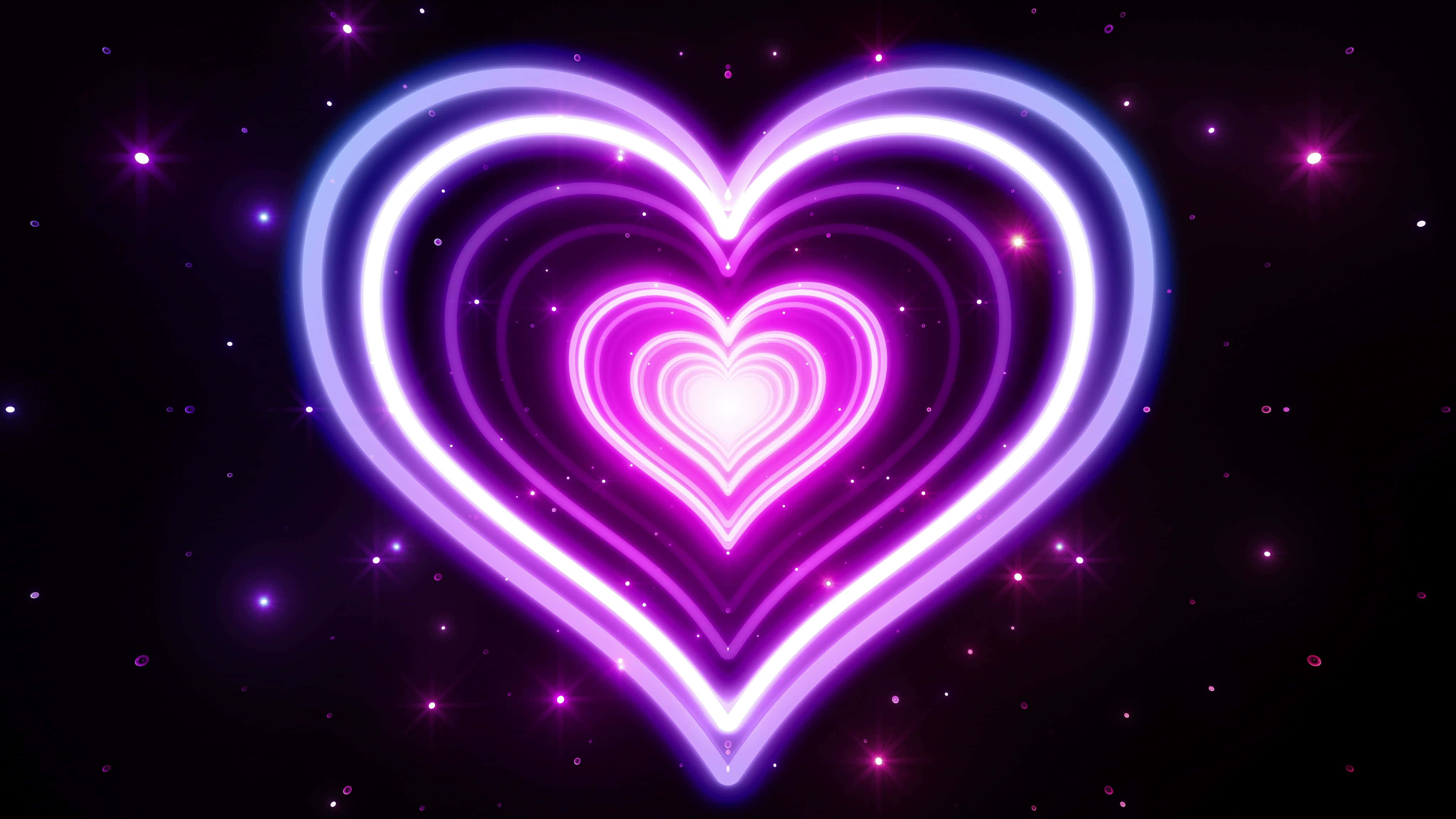 Pink Neon Aesthetic 桌布 壁紙 — 一個發光的霓虹心臟，帶有同心層，在繁星點點的宇宙夜空中脈動。
