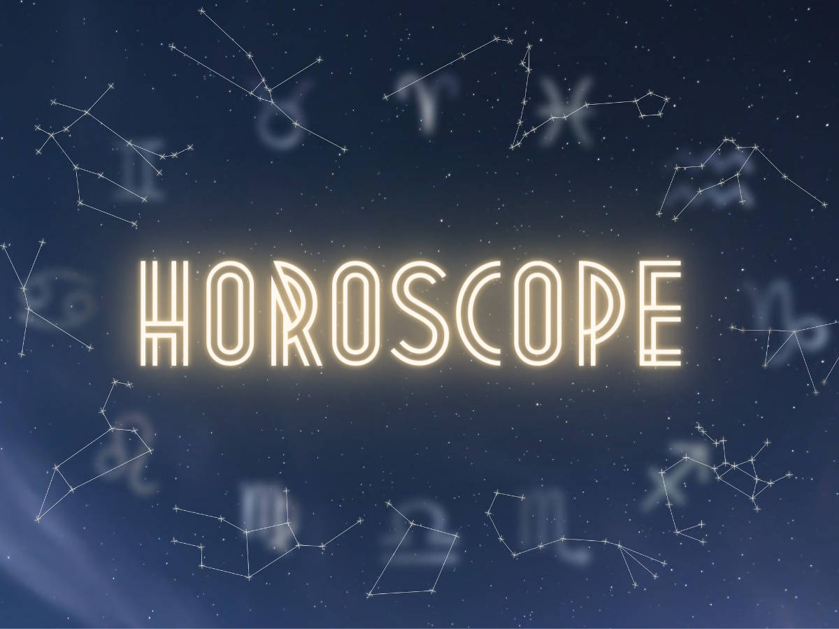 星座運勢 桌布 壁紙 — 一個發光的霓虹星座標誌漂浮在星空夜空上，帶有微弱的星座和黃道十二宮符號。