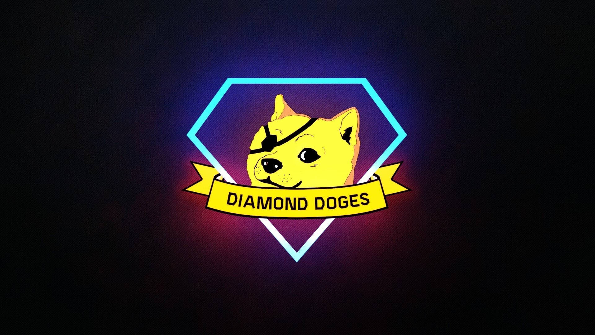 Doge 桌布 壁紙 — 一個發光的霓虹標誌，六邊形內有一隻戴著眼罩的黃狗，並有一條寫著diamond dogs的橫幅。