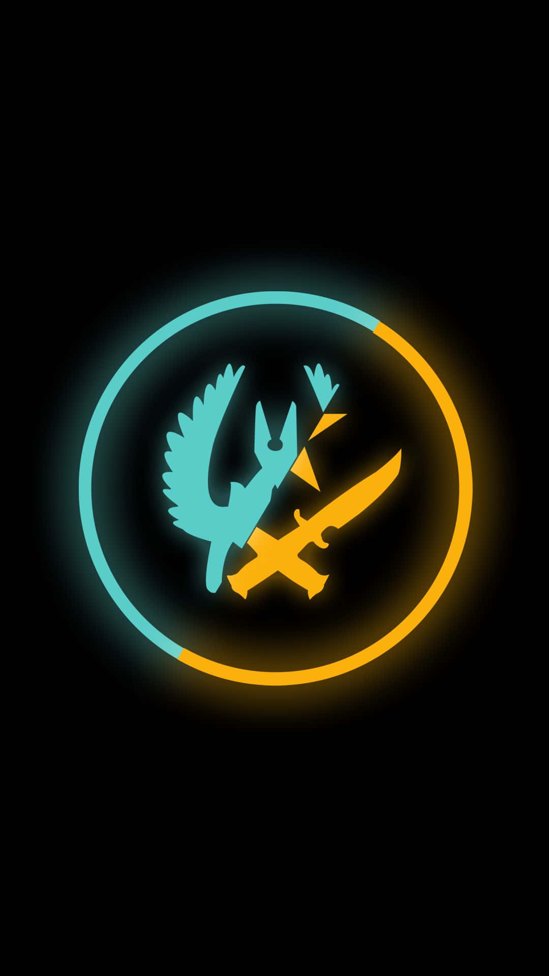 Android Counter-strike Global Offensive 桌布 壁紙 — 一個發光的霓虹標誌，在黑色背景上，一個分為青色和橙色的圓圈內有一隻藍色鳥和交叉的黃色劍。