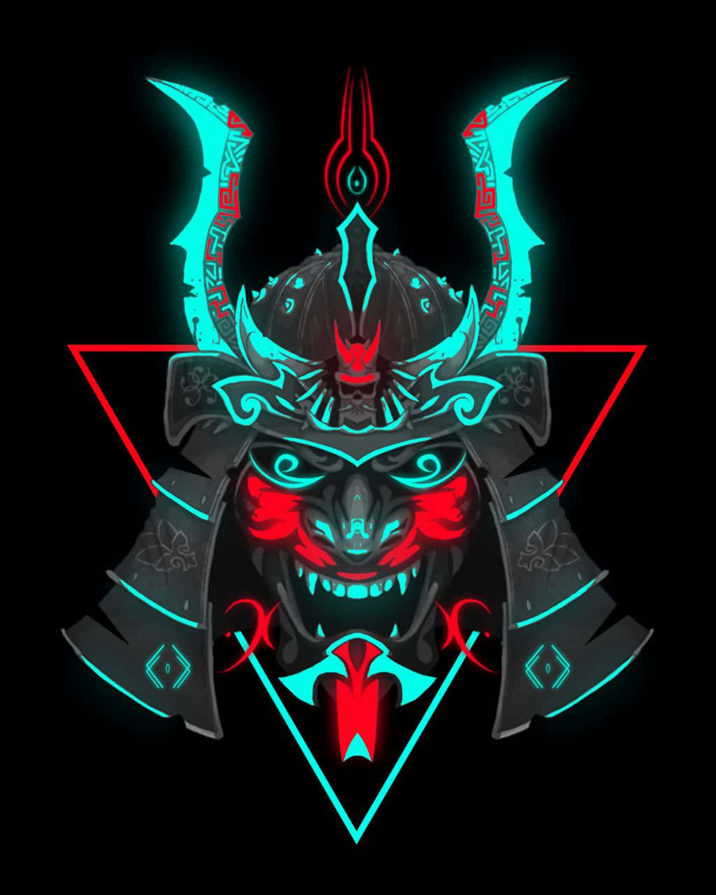 Yokai 桌布 壁紙 — 一個發光的霓虹武士頭盔，帶有紅色和青色點綴，黑色背景，由紅色三角形框住。