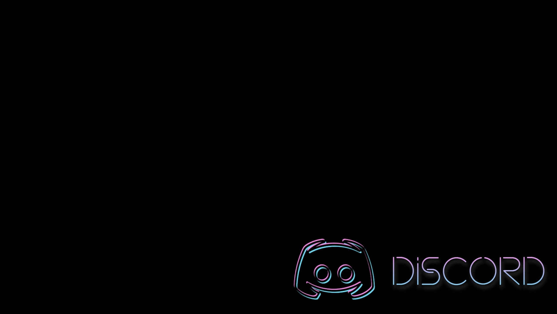 Discord 桌布 壁紙 — 一個發光的霓虹燈Discord標誌，帶有藍色和粉紅色的漸變色調，背景為純黑色。
