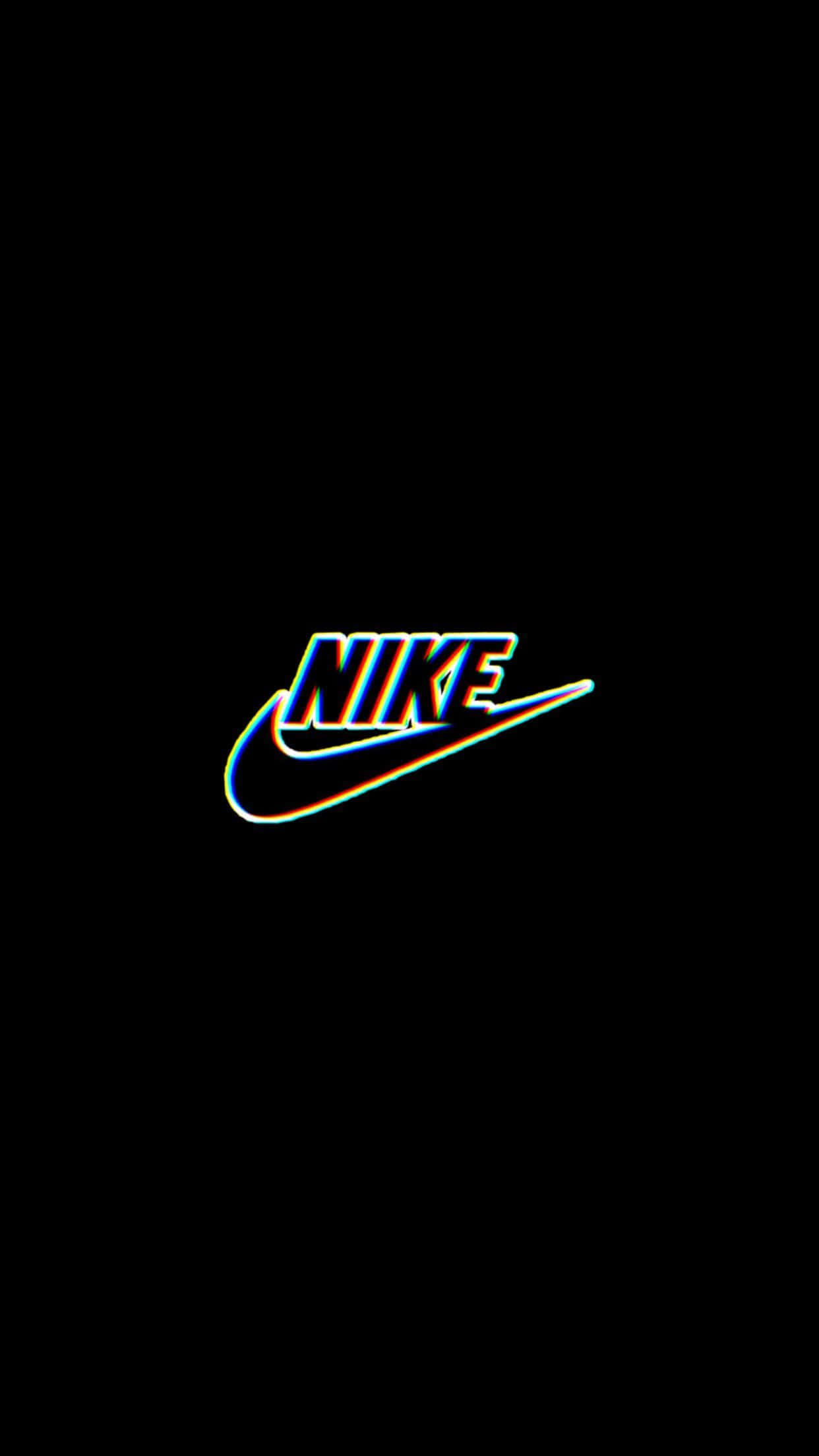 glitch art 桌布 壁紙 — 一個發光的霓虹燈Nike標誌，帶有彩虹色差效果，居中在純黑色背景上。