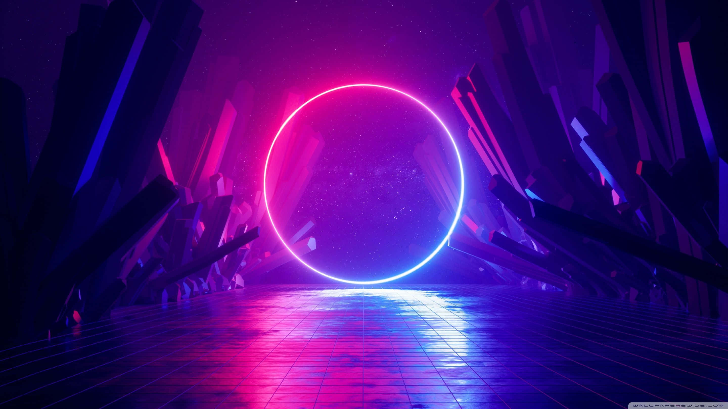 Ambience 桌布 壁紙 — 一個發光的霓虹燈傳送門，帶有鮮豔的粉紅色和藍色色調，漂浮在星空下的未來主義水晶室中。