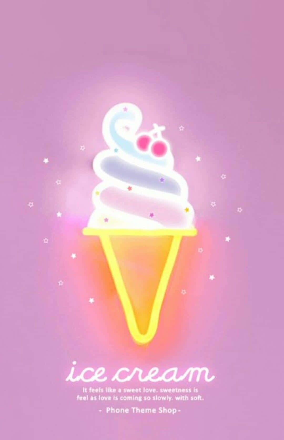 neon sign 桌布 壁紙 — 一個發光的霓虹燈冰淇淋筒，帶有漩渦和櫻桃，漂浮在柔和的粉紅色漸變背景上，並有閃爍的星星。