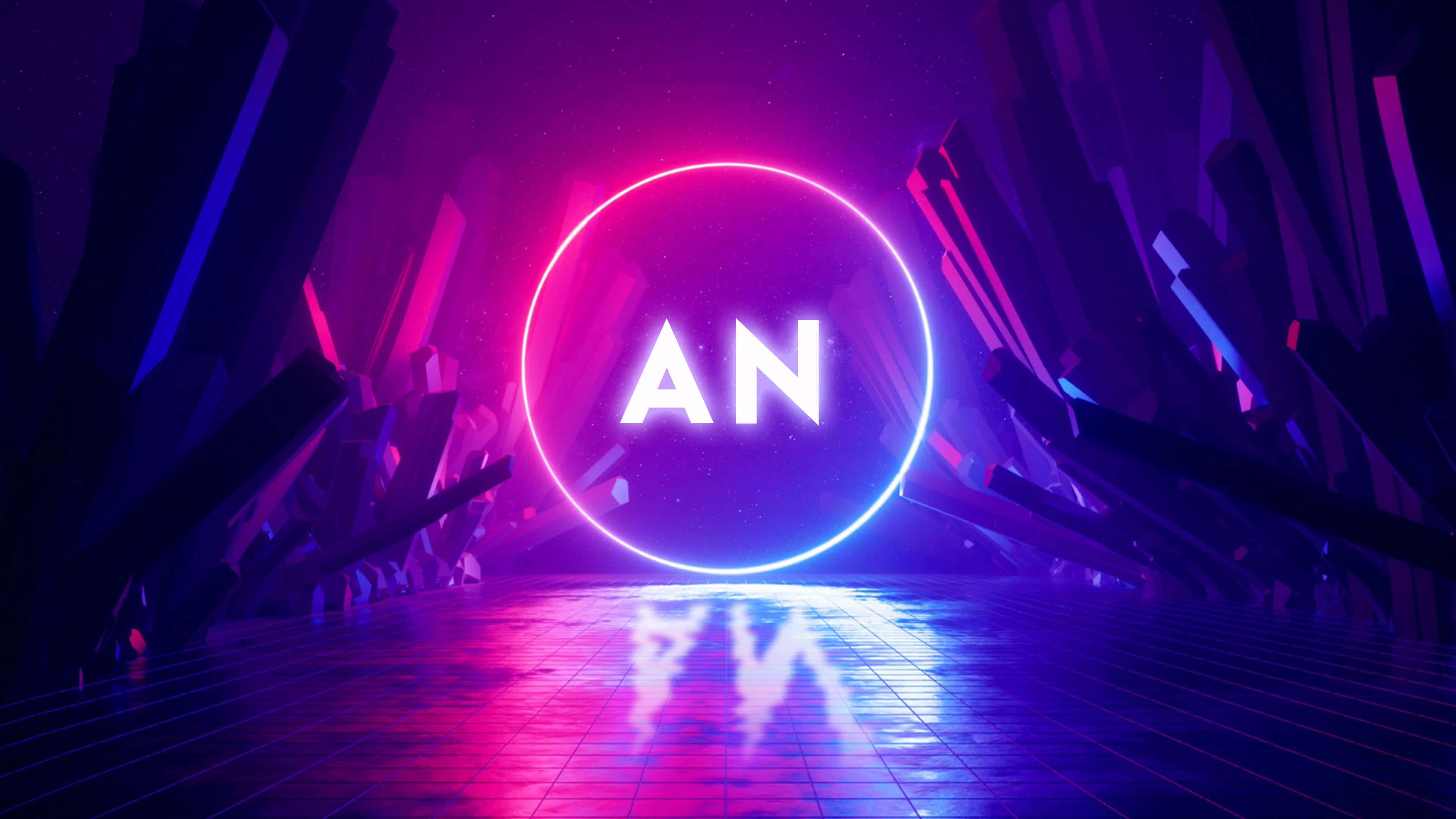 字母A動圖 桌布 壁紙 — 一個發光的霓虹燈圓圈，上面有「AN」字樣，漂浮在充滿銳利幾何形狀的未來感隧道中，下方是鮮豔的紫色和粉紅色燈光。