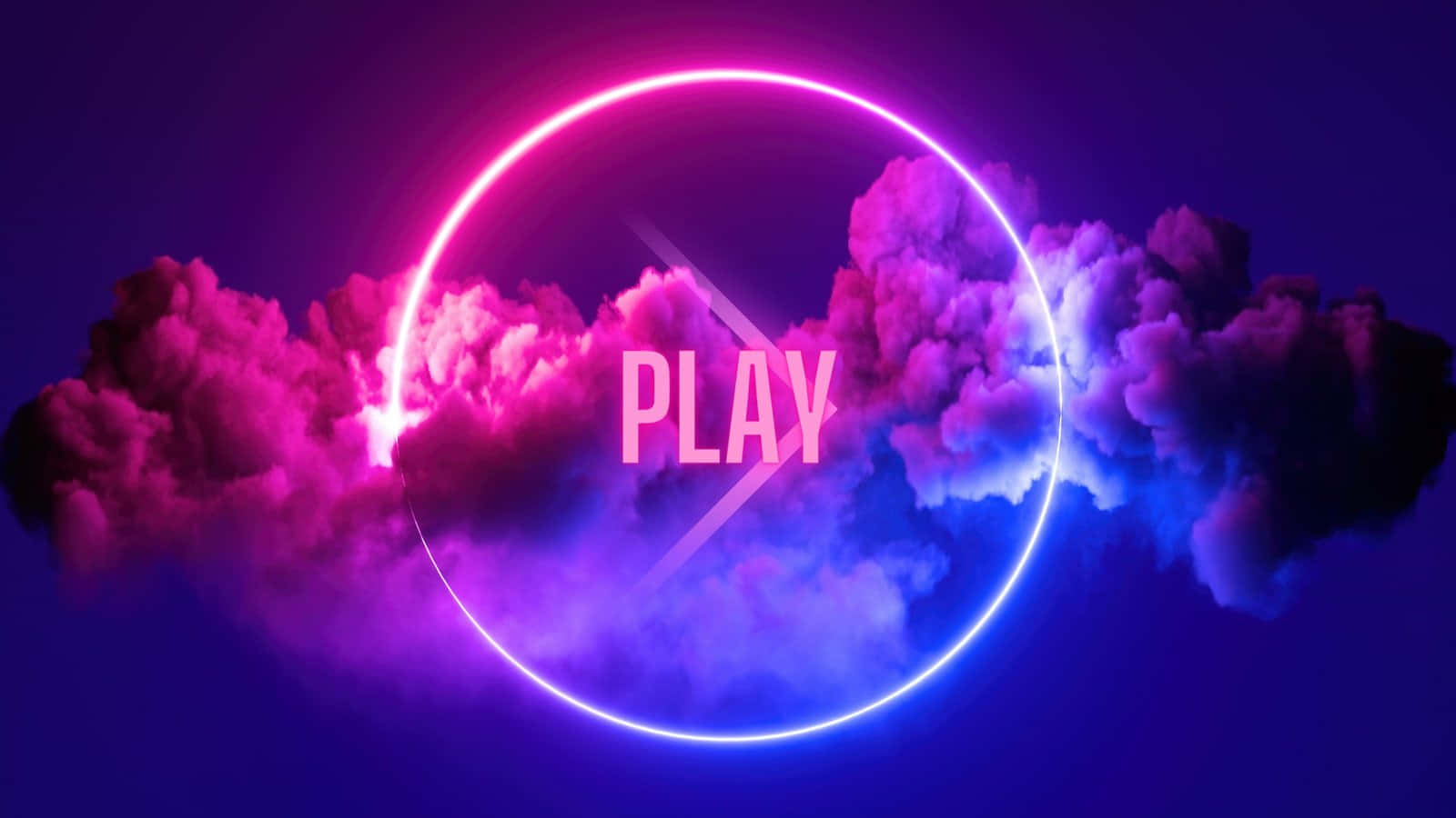 桌布 壁紙 — 一個發光的霓虹燈圓圈框住「PLAY」字樣，在黑暗的天空中襯托出充滿活力的粉紅色和藍色雲彩。