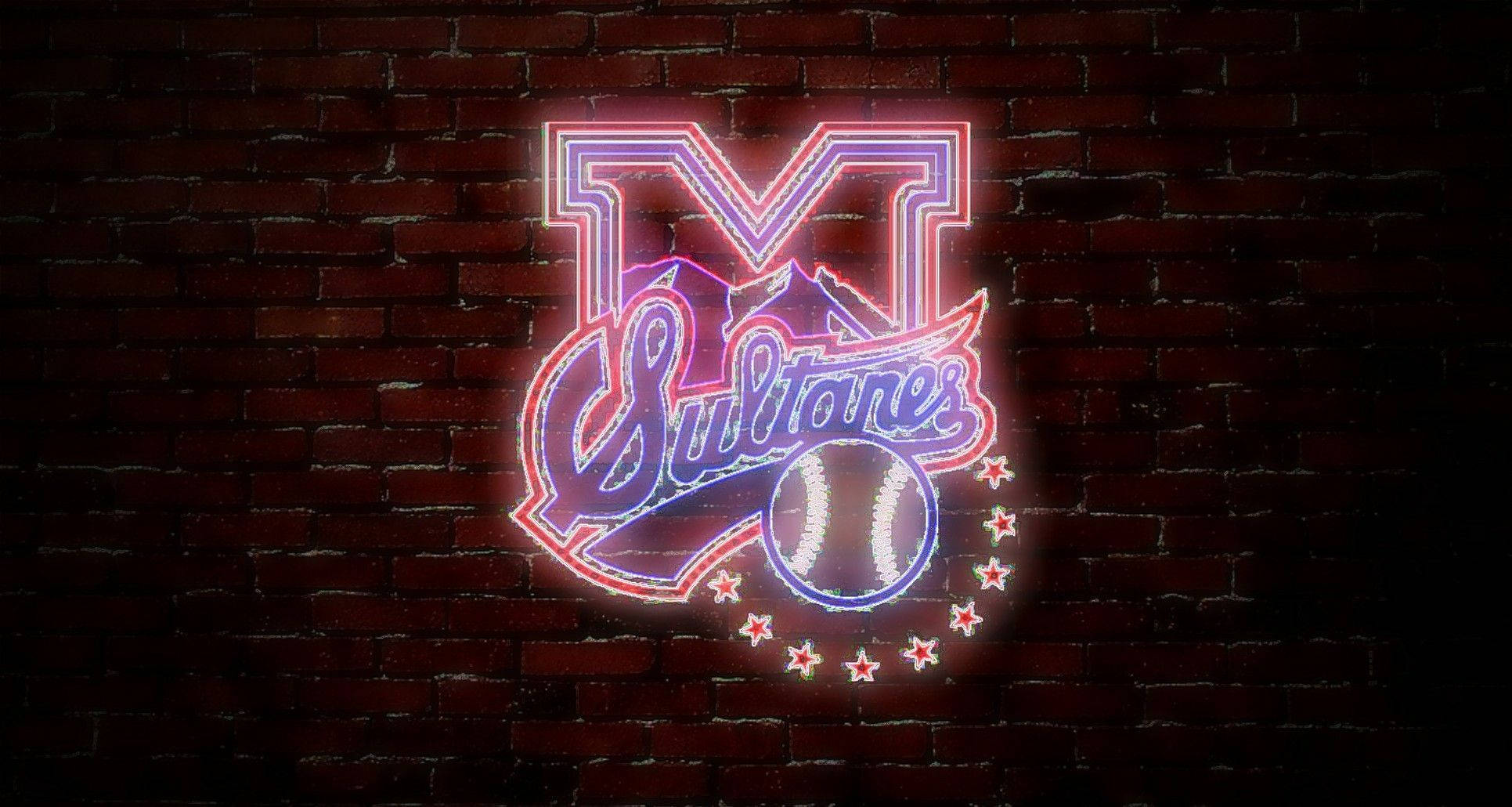 Monterrey 桌布 壁紙 — 一個發光的霓虹燈招牌，上面有「Sultanes」字樣、一個棒球和星星，在深色磚牆上閃耀著明亮的光芒。