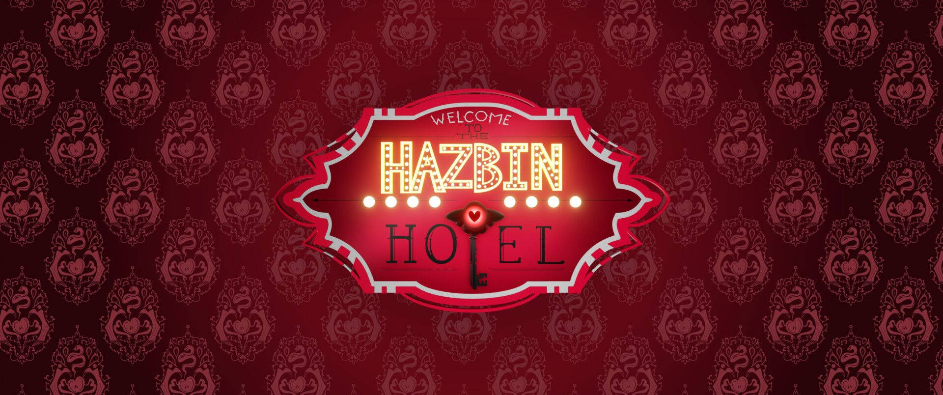 地獄客棧 桌布 壁紙 — 一個發光的霓虹燈招牌，為 Hazbin Hotel 設置在深紅色錦緞壁紙圖案上。