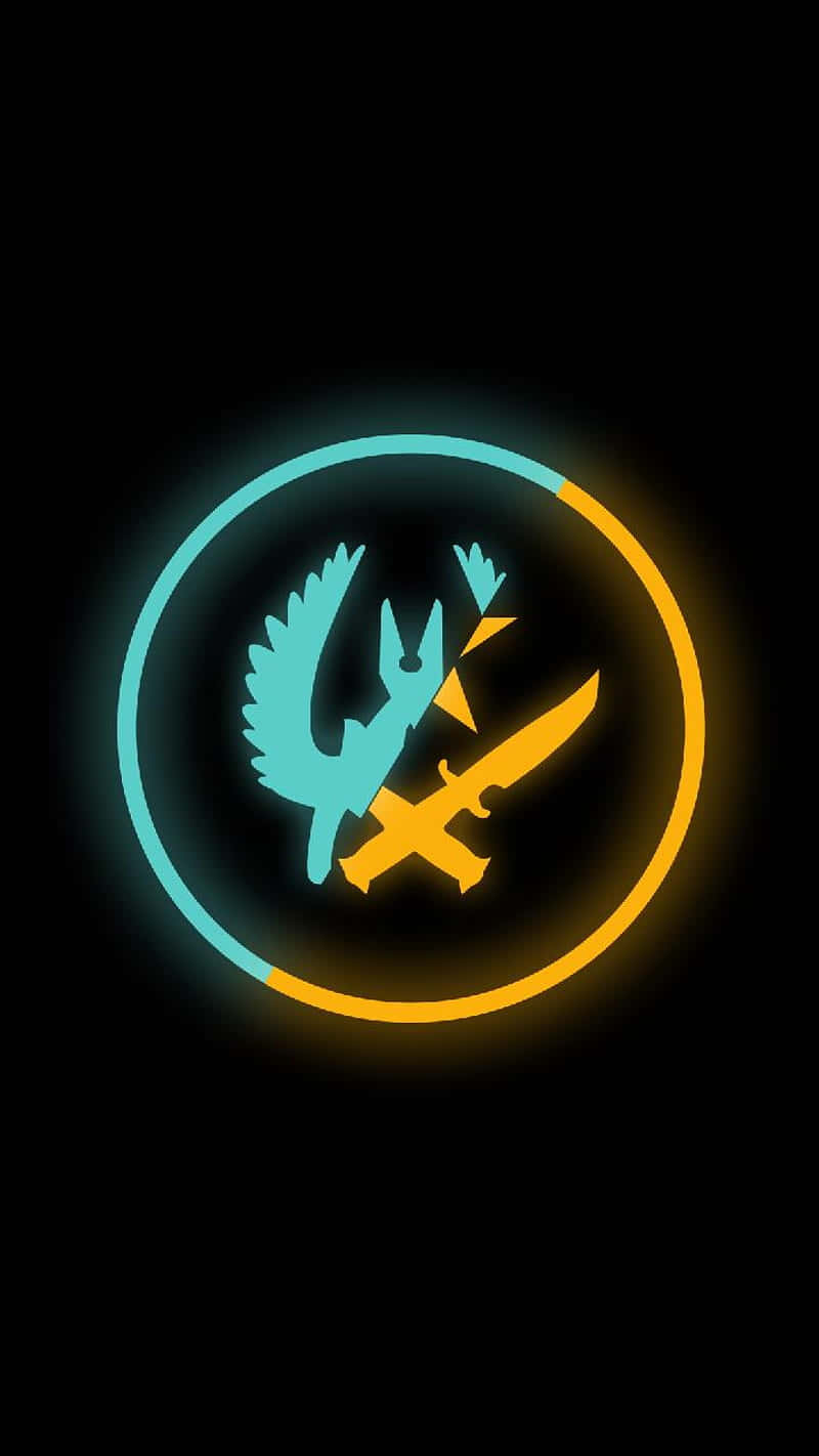 Pixel 3 桌布 壁紙 — 一個發光的霓虹燈標誌，在黑色背景上，一個分裂的圓圈內有一隻藍色鳥和黃色交叉劍。