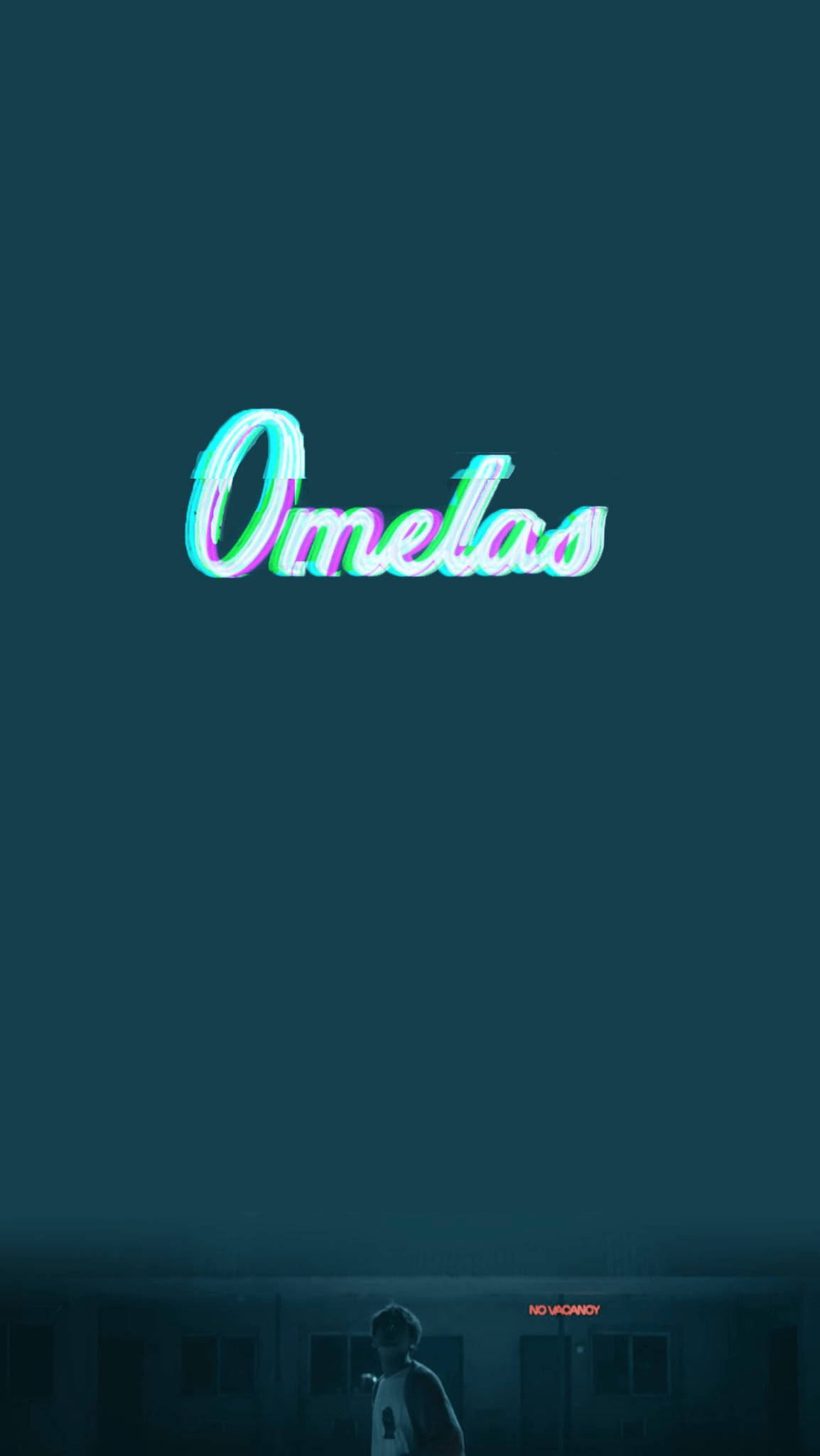 BTS 美學 桌布 壁紙 — 一個發光的霓虹燈牌，上面寫著 Ometas，漂浮在夜晚昏暗建築物前的一個孤獨身影上方。