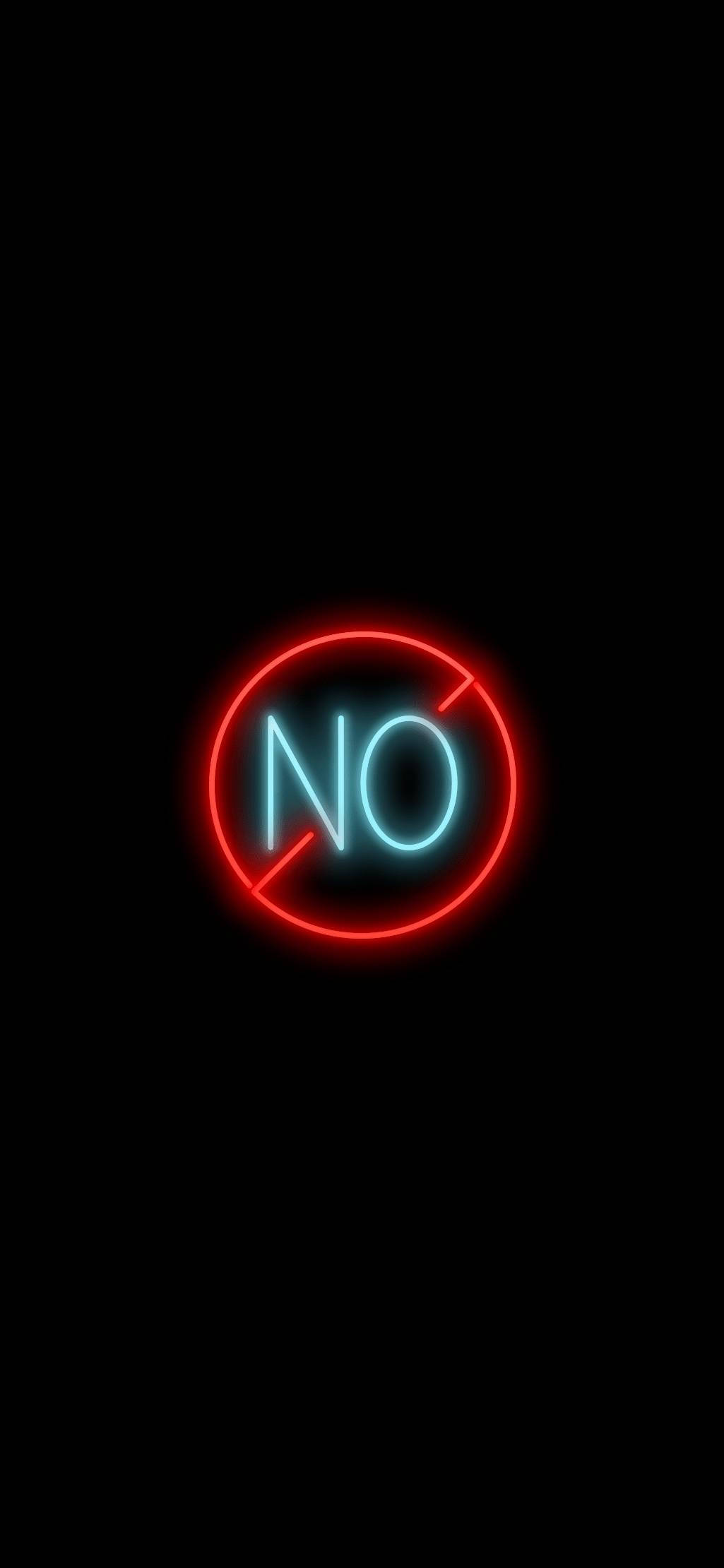 手機 桌布 壁紙 — 一個發光的霓虹燈牌，上面有藍色的「NO」字樣在紅色圓圈內，背景為黑色。