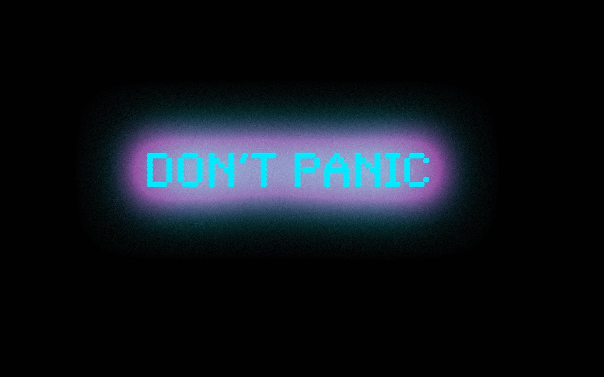 Panic 桌布 壁紙 — 一個發光的霓虹燈牌，以像素化文字顯示「DON'T PANIC」，背景為深色，帶有柔和漸變光暈。