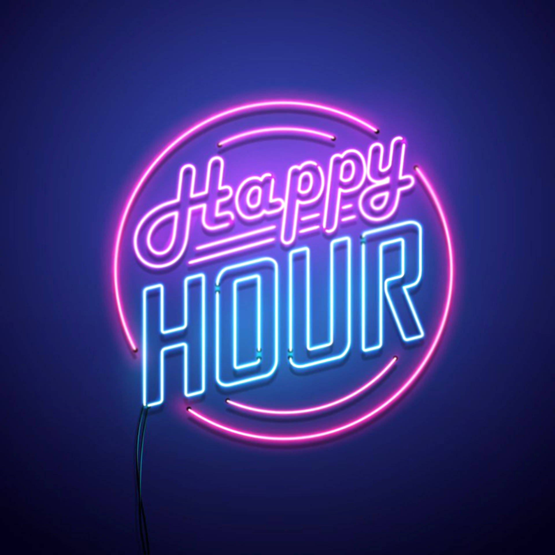 Hour 桌布 壁紙 — 一個發光的霓虹燈牌，在深藍色牆上以粉紅色和藍色寫著「Happy Hour」。