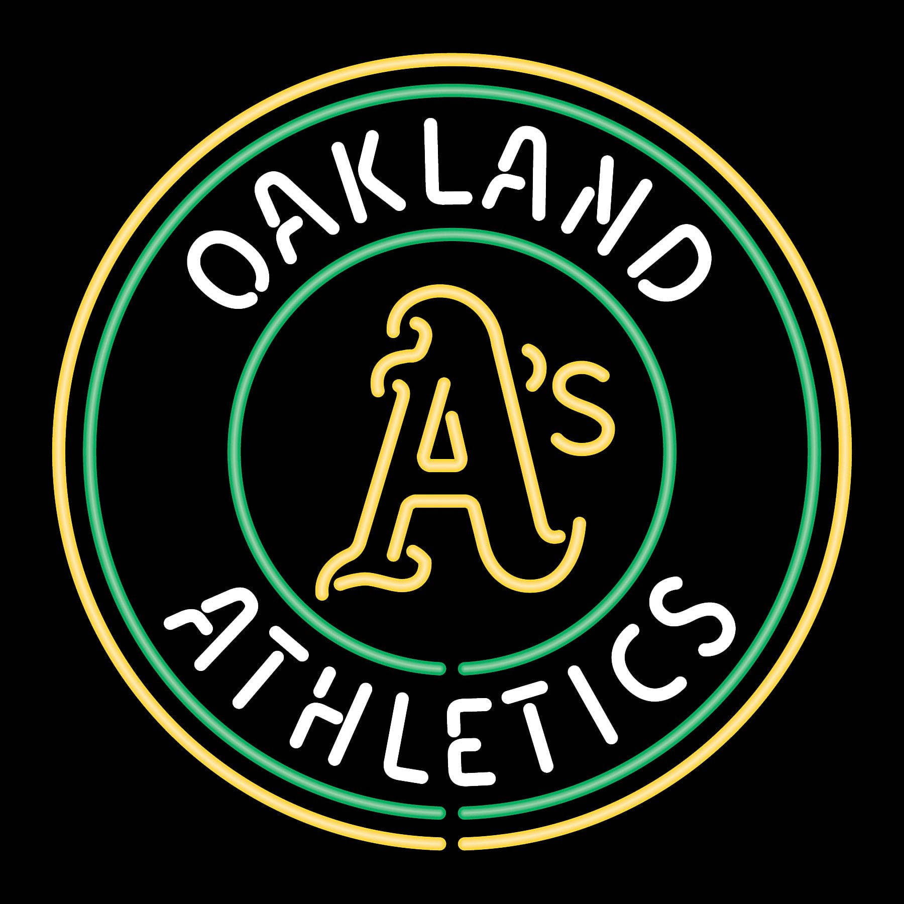 Athletics 桌布 壁紙 — 一個發光的霓虹燈牌，在黑色背景上以黃色、綠色和白色的燈管展示奧克蘭運動家隊的標誌。