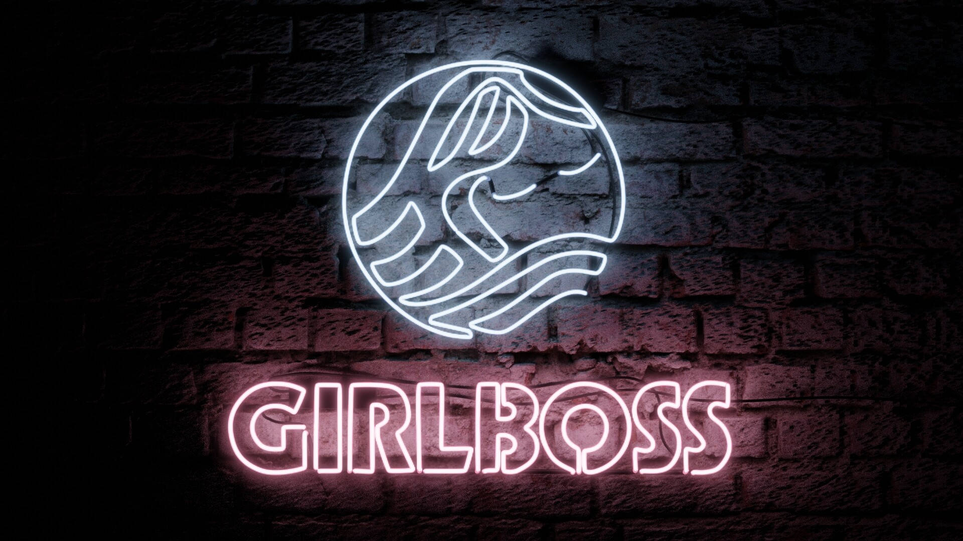 boss 桌布 壁紙 — 一個發光的霓虹燈牌，帶有風格化的地球儀和「GIRLBOSS」文字，以充滿活力的粉紅色和白色色調照亮了深色磚牆。