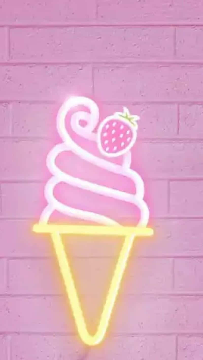 neon sign 桌布 壁紙 — 一個發光的霓虹燈牌，形狀像粉紅草莓漩渦冰淇淋甜筒，背景是粉紅磚牆。