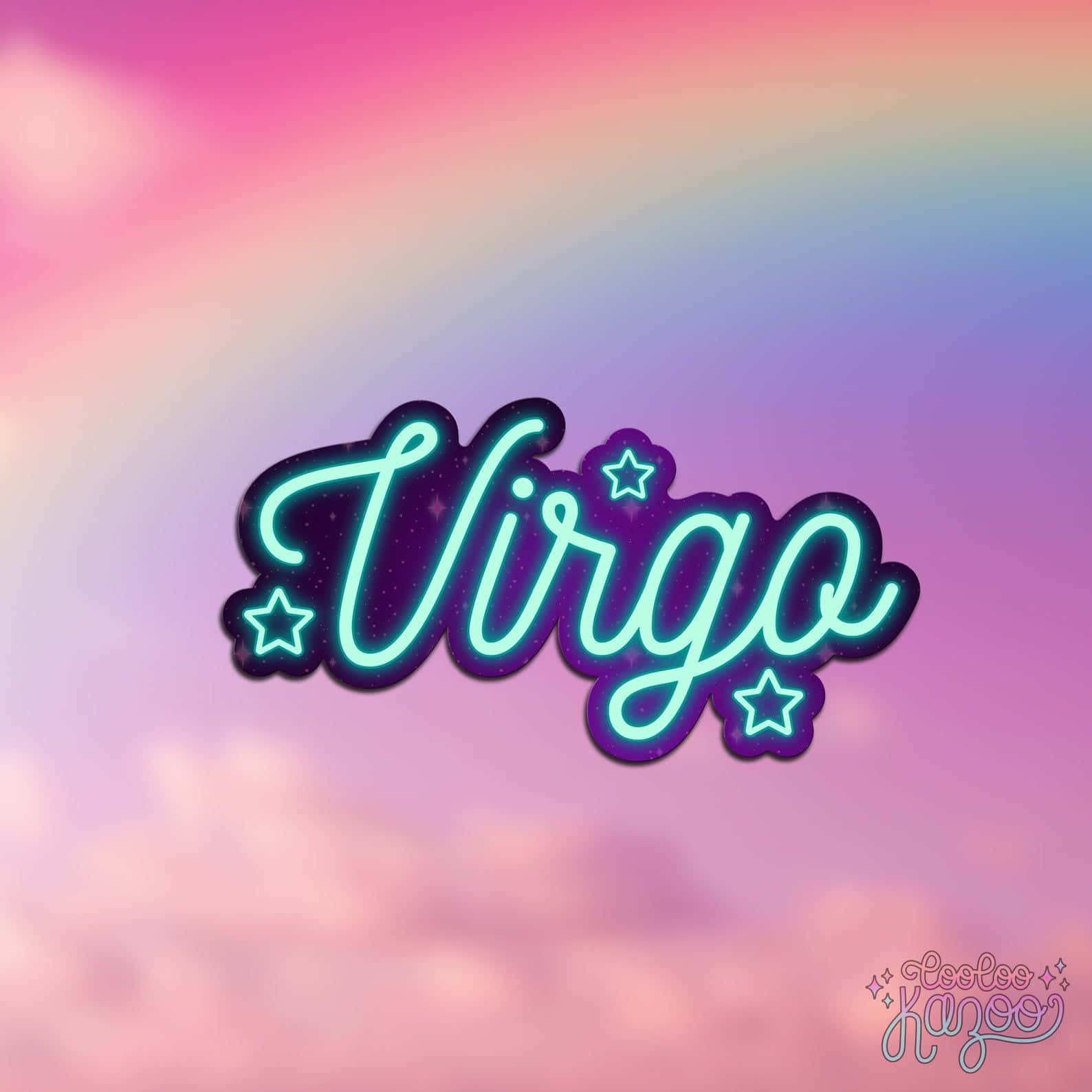 Virgo 桌布 壁紙 — 一個發光的霓虹燈牌，拼寫出處女座，帶有閃爍的星星，背景是柔和粉彩的天空漸變。