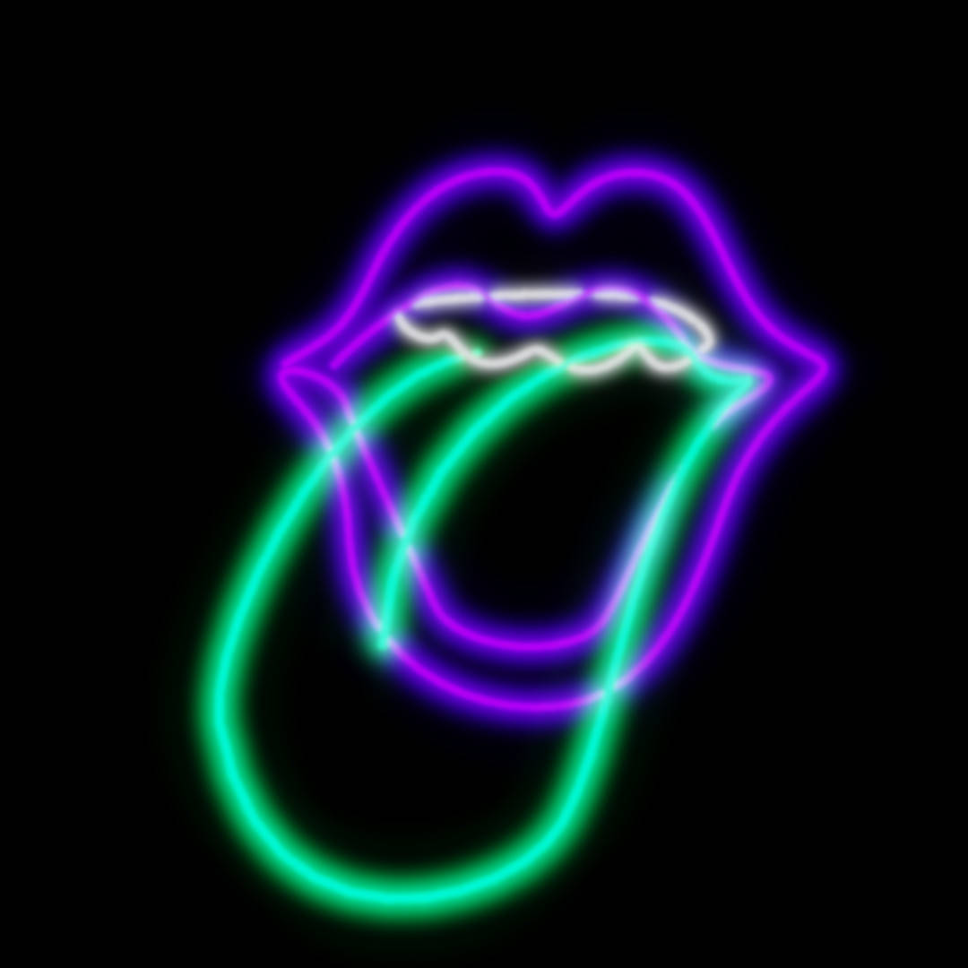 Tongue Out 桌布 壁紙 — 一個發光的霓虹燈牌，顯示嘴唇伸出舌頭，顏色為紫色和綠色，背景為黑色。