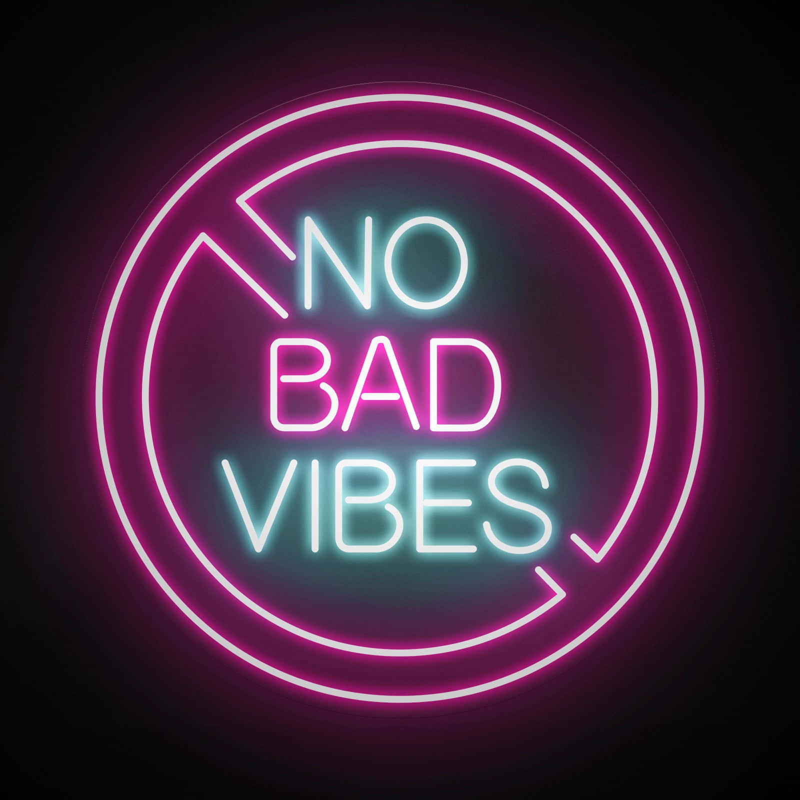 Bad Vibes 桌布 壁紙 — 一個發光的霓虹燈牌在圓形框架內顯示「NO BAD VIBES」，背景為深色。
