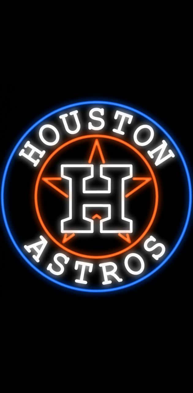 Astros 桌布 壁紙 — 一個發光的霓虹燈牌在黑色背景上以藍色和橙色燈光顯示休士頓太空人隊標誌。