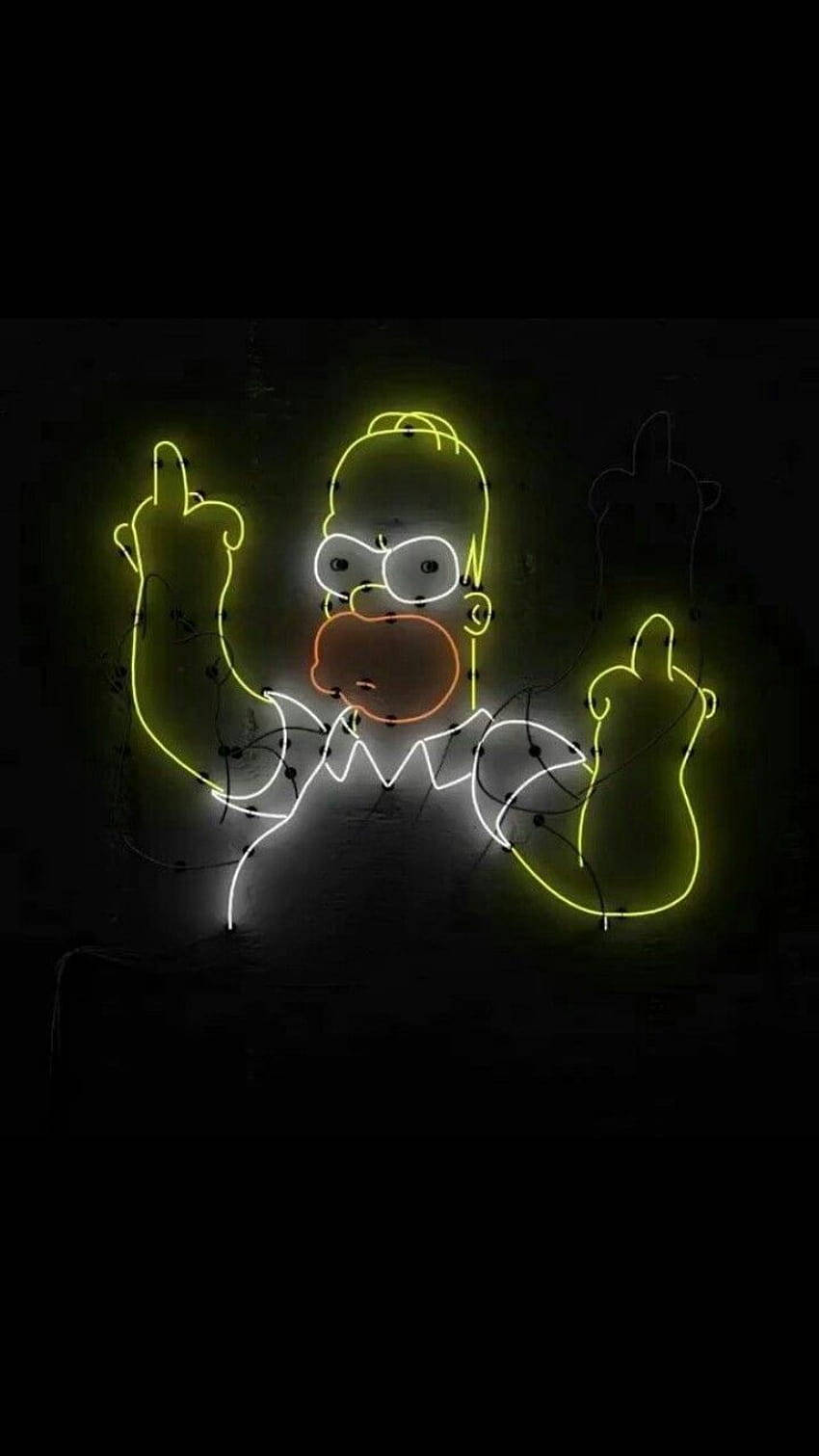 Homer Simpson Funny 桌布 壁紙 — 一個發光的霓虹燈牌描繪荷馬·辛普森雙手做出粗魯手勢，背景是暗牆。
