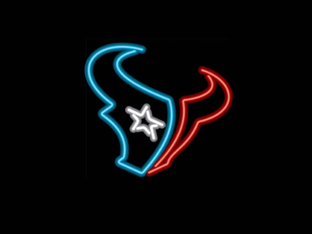 Texans 桌布 壁紙 — 一個發光的霓虹燈牌顯示一個藍色和紅色的公牛頭，臉部中央有一顆白色星星，背景為黑色。