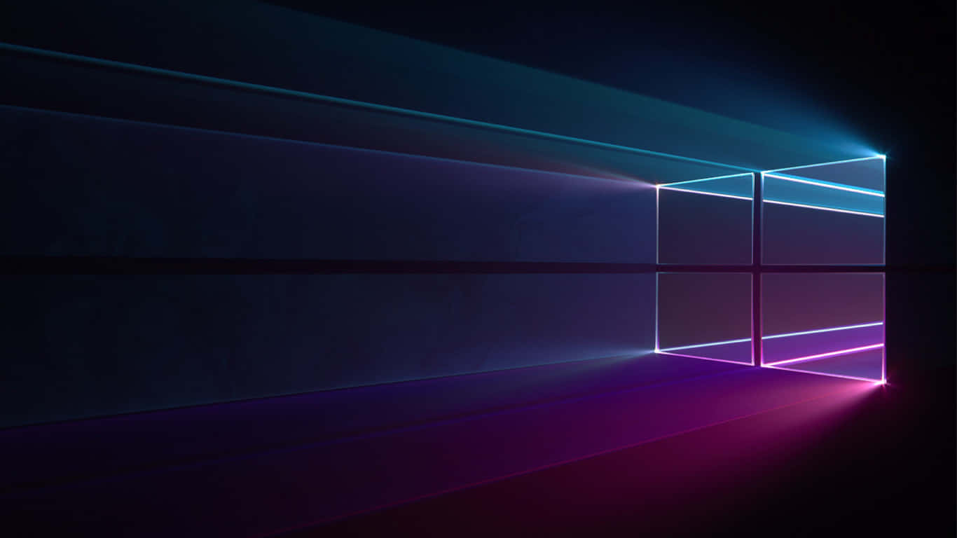 Windows Logo 桌布 壁紙 — 一個發光的霓虹燈窗戶標誌在黑暗的幾何房間中投射出充滿活力的藍色和紫色光線。