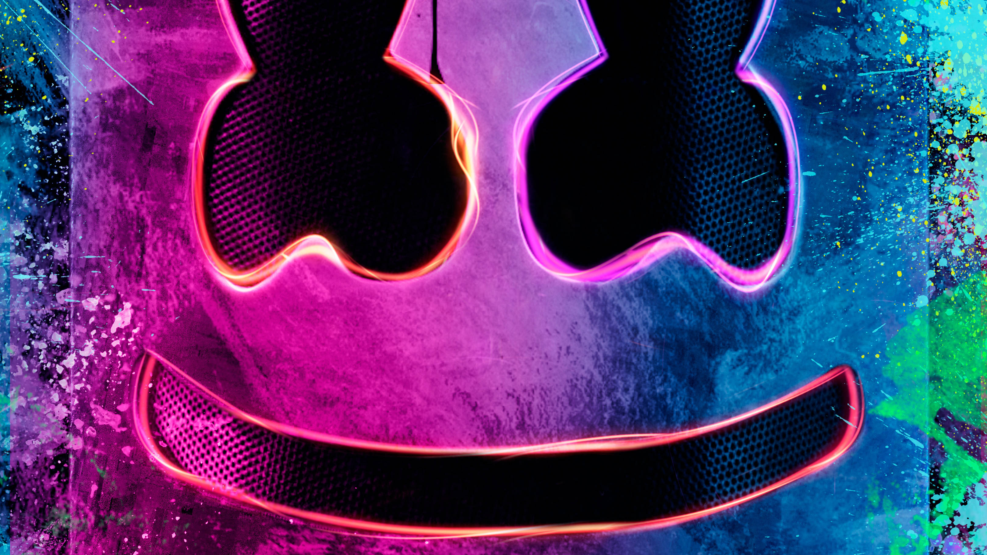 marshmello 4K 桌布 壁紙 — 一個發光的霓虹燈笑臉，帶有網格紋理和充滿活力的紫色、粉紅色和藍色潑濺背景。