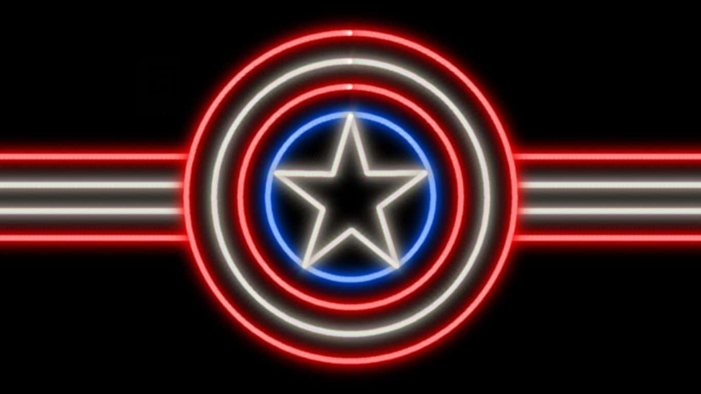 Captain America Logo 桌布 壁紙 — 一個發光的霓虹燈美國隊長盾牌，帶有紅、白、藍色環，背景為黑色。