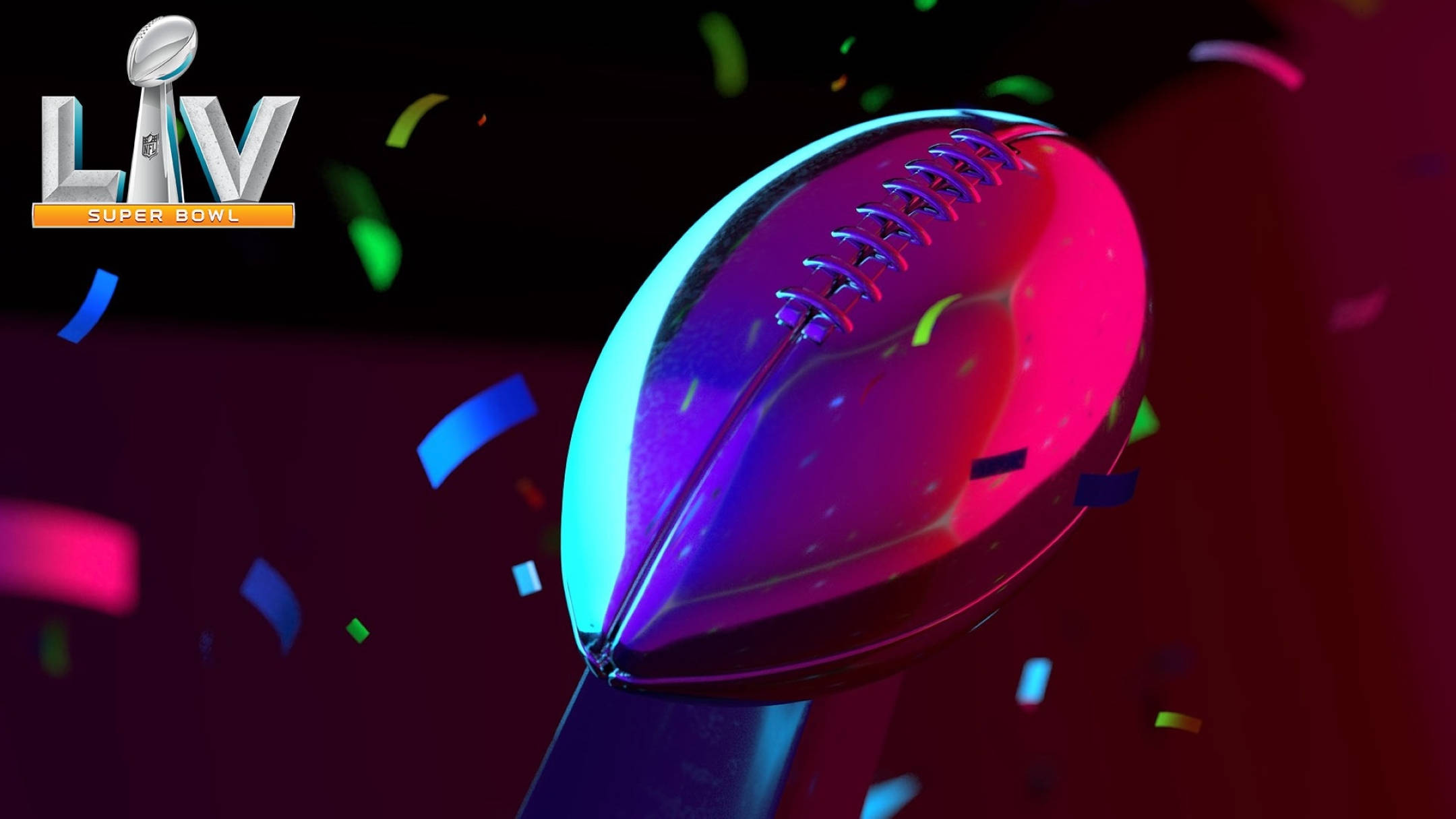 Super 桌布 壁紙 — 一個發光的霓虹燈美式足球，周圍漂浮著五彩紙屑，背景為深色並帶有超級碗LIV標誌。
