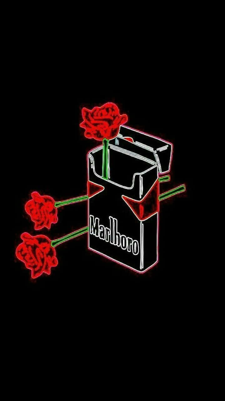 Cool Rose 桌布 壁紙 — 一個發光的霓虹燈萬寶路香菸包，上面長出三朵紅玫瑰，背景為黑色。
