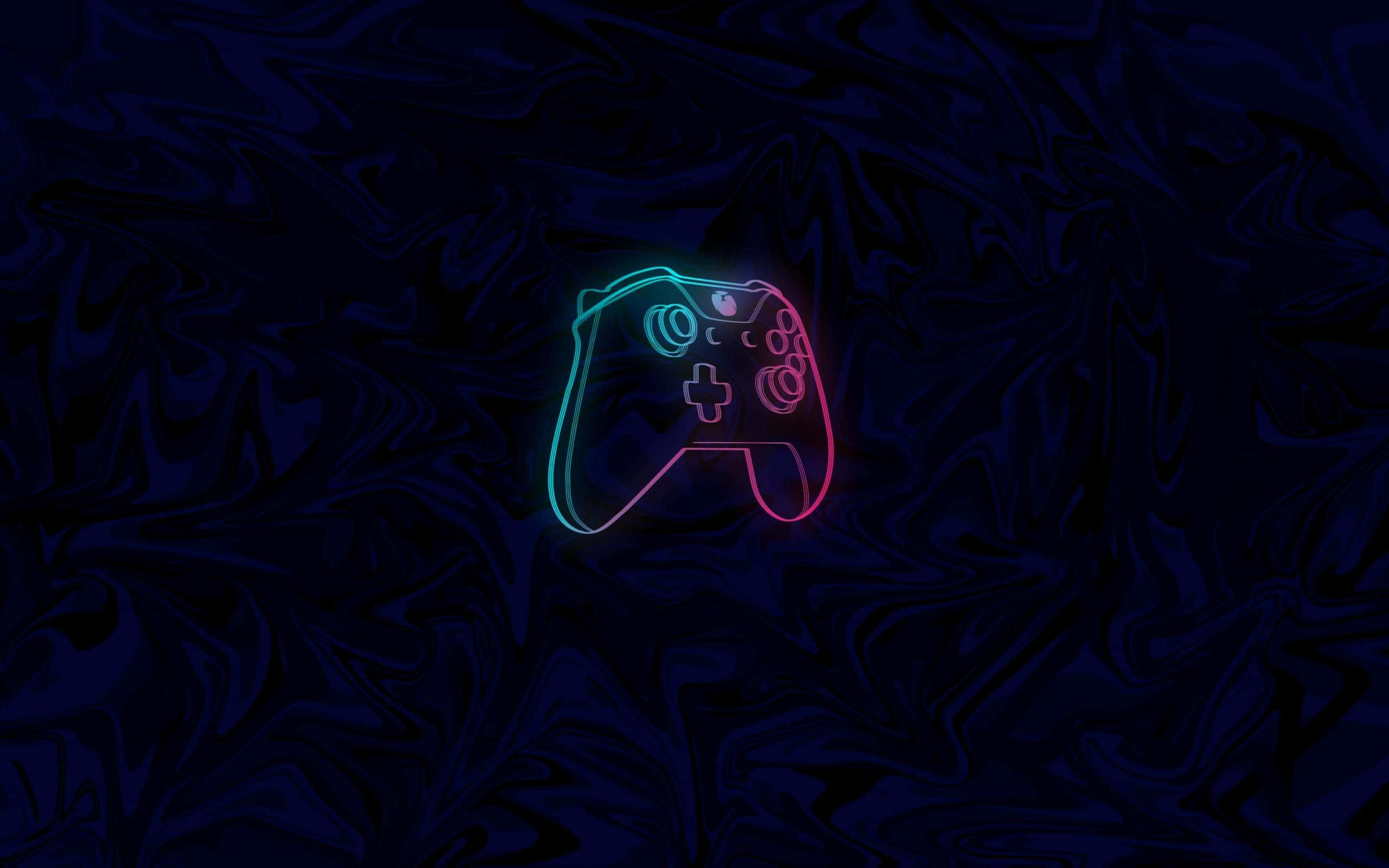 Xbox 桌布 壁紙 — 一個發光的霓虹燈輪廓的電子遊戲控制器漂浮在深藍色漩渦織物背景上。