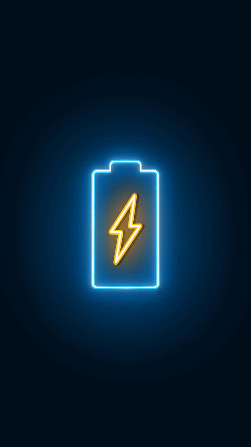 techno 桌布 壁紙 — 一個發光的霓虹燈電池圖示，帶有閃電符號，在深色漸變背景上散發出明亮的藍色和黃色光芒。
