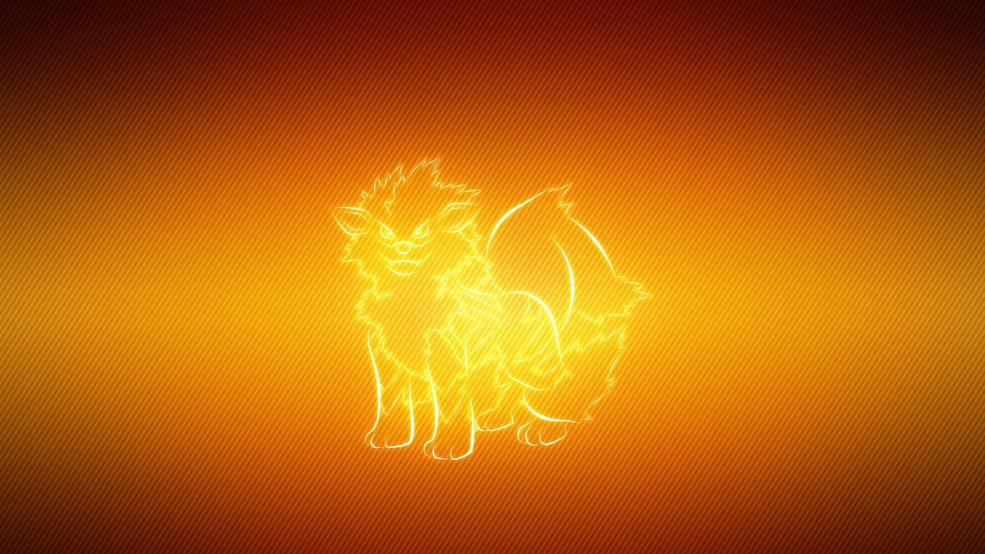 Arcanine 桌布 壁紙 — 一個發光的霓虹狐狸形狀的生物輪廓，站在有斜紋的暖色漸變背景前面。