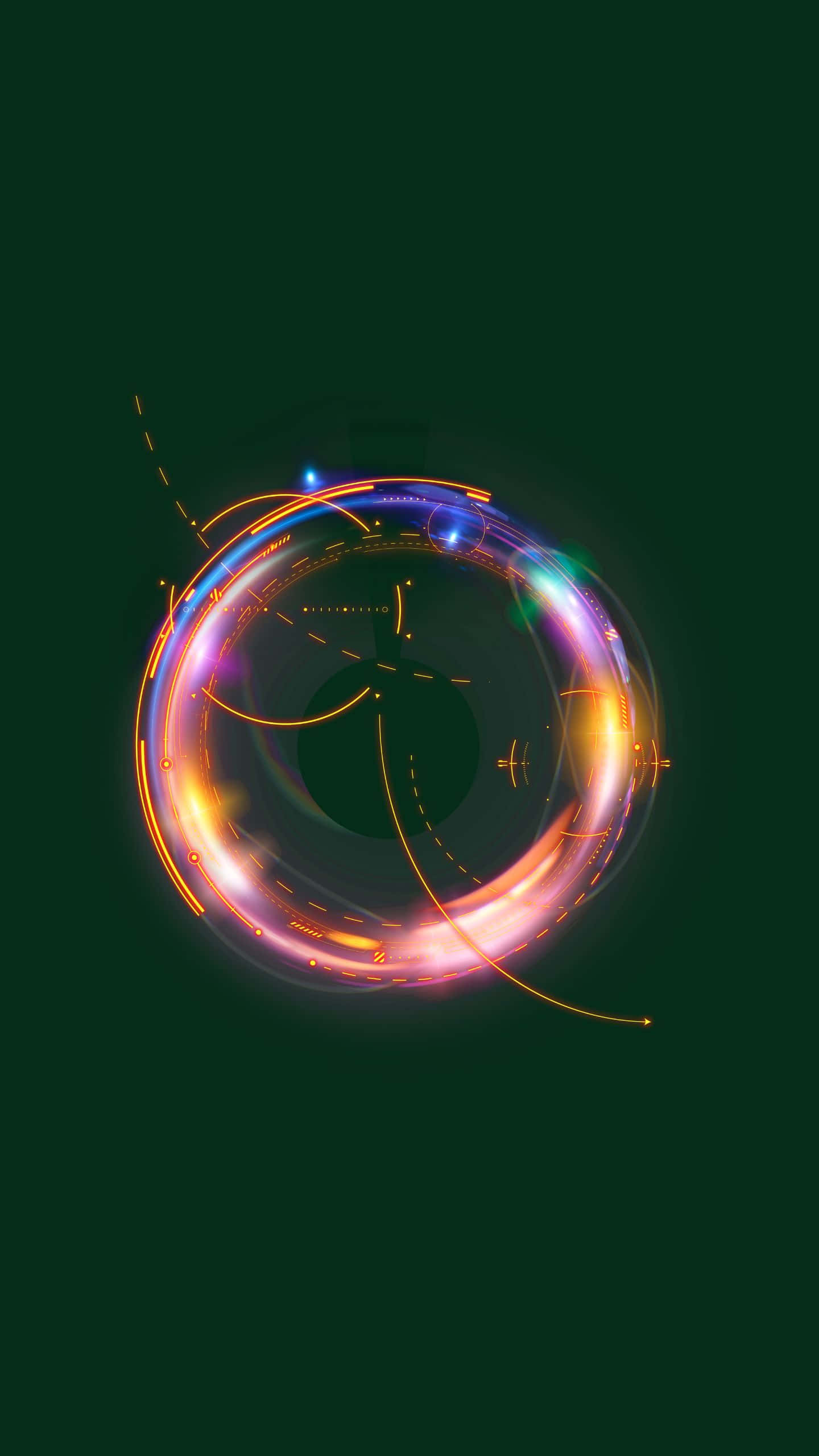 1440x2560 桌布 壁紙 — 一個發光的霓虹環，帶有橙色、粉紅色和藍色的光條，在深綠色背景上脈動。