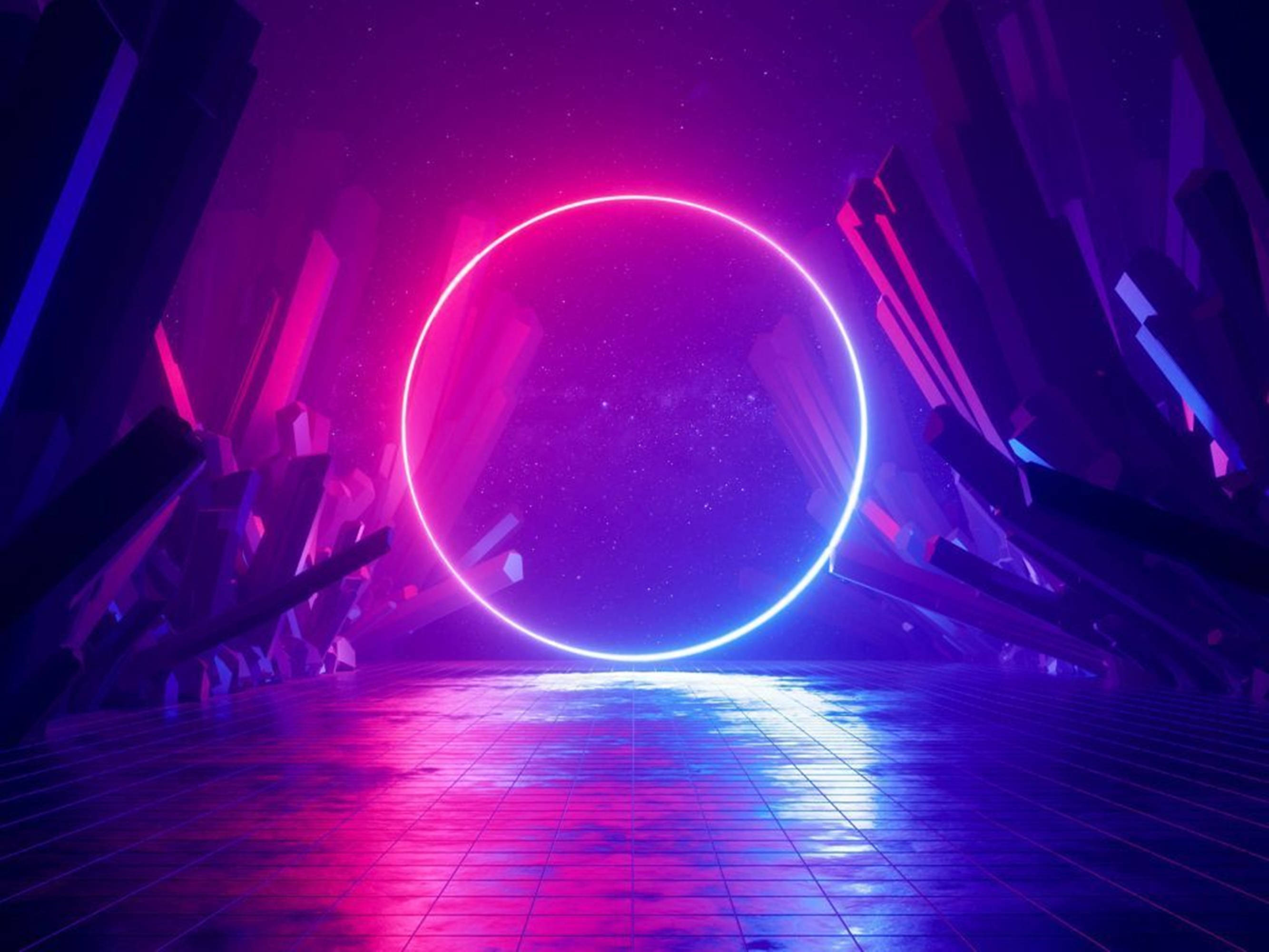 Circle 桌布 壁紙 — 一個發光的霓虹環漂浮在一個未來主義的空間中，周圍是幾何水晶結構，上方是繁星點點的紫色天空。