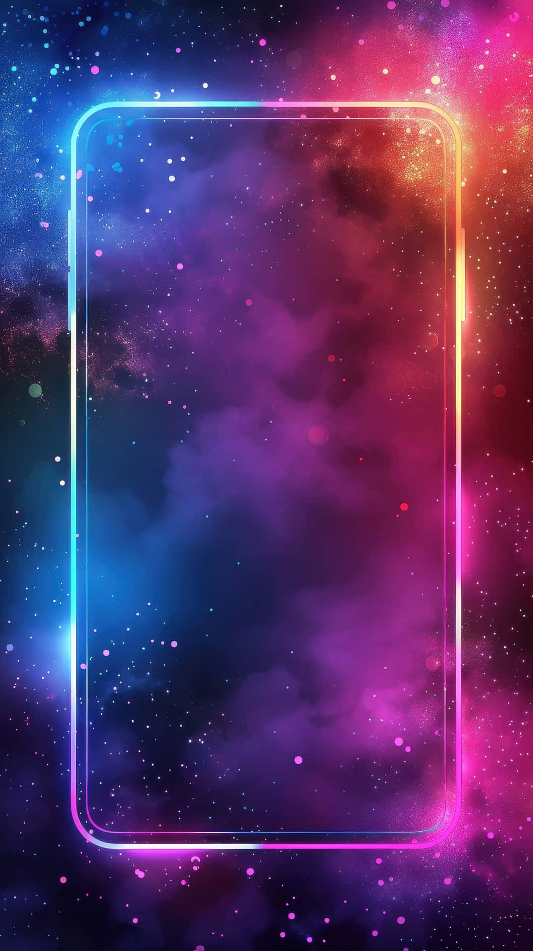 Glowing Neon Frame with Colorful Bokeh Glitter Background 壁紙 — 一個發光的霓虹矩形框住了一個宇宙星雲，其中有旋轉的紫色、粉紅色和藍色，點綴著星星。