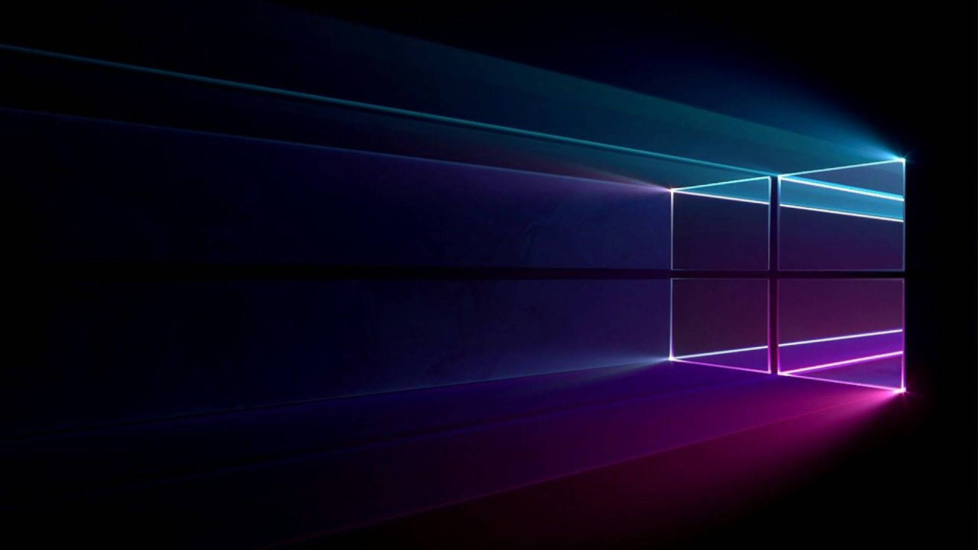 Windows 11 桌布 壁紙 — 一個發光的霓虹窗戶標誌，在帶有幾何線條的黑暗抽象空間中投射出鮮豔的藍色和紫色光芒。