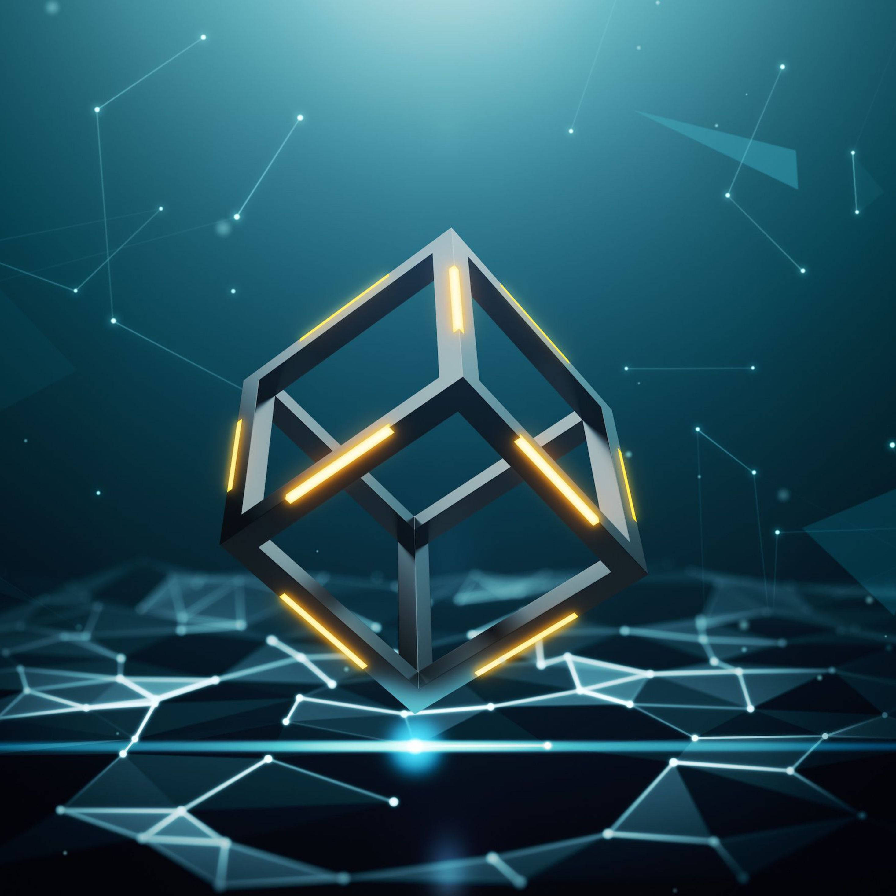 Blockchain 桌布 壁紙 — 一個發光的霓虹立方體懸浮在數位網路網格上方，背景為深青色。
