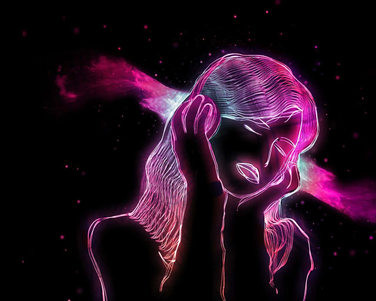 Cute Neon Pink 桌布 壁紙 — 一個發光的霓虹粉紅和紫色線框女人，閉著眼睛，背景是星光宇宙。