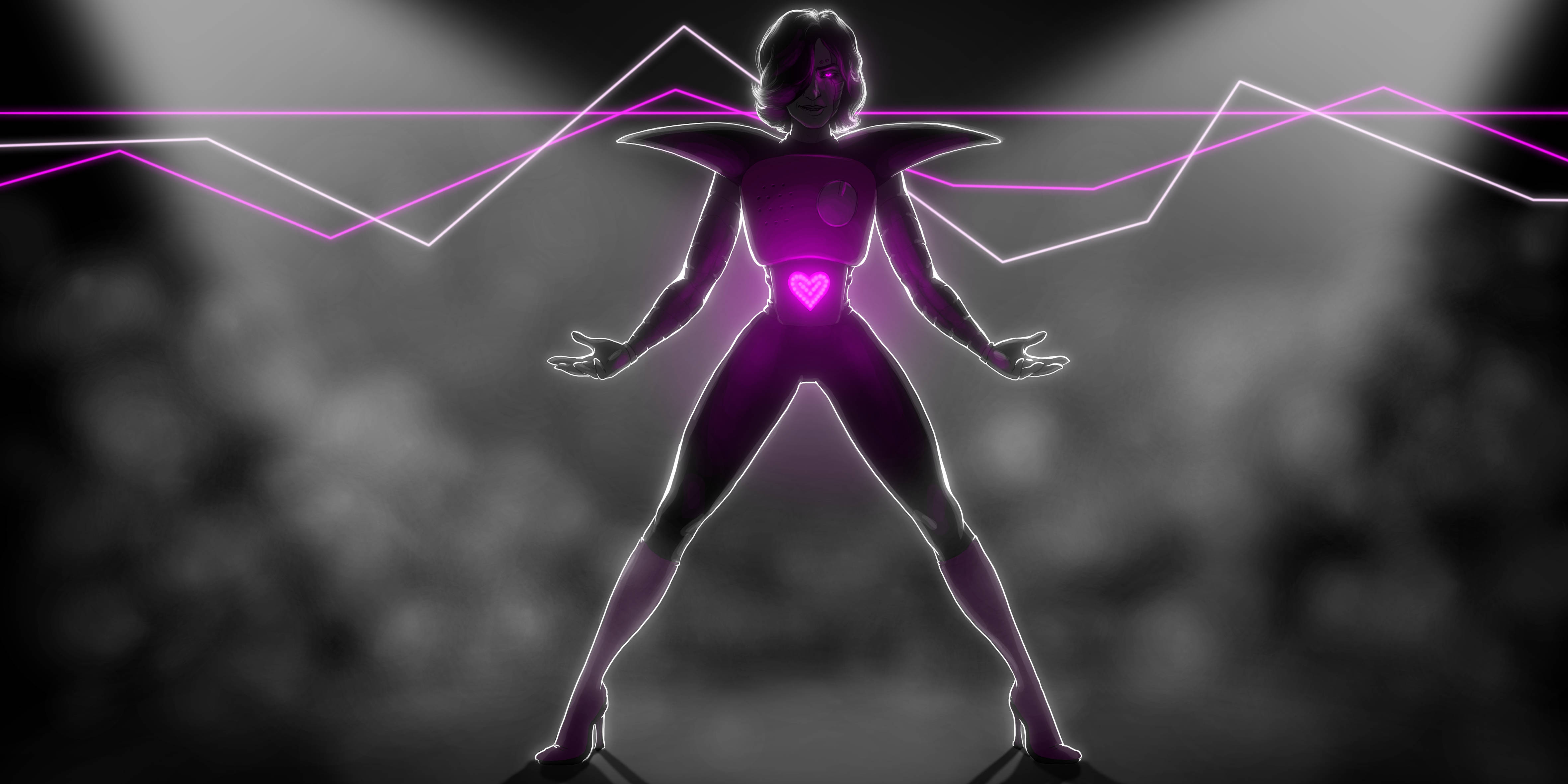 Mettaton 桌布 壁紙 — 一個發光的霓虹紫色女性剪影，帶有心形標誌，自信地站在煙霧瀰漫的黑暗背景前，背景有幾何光線。