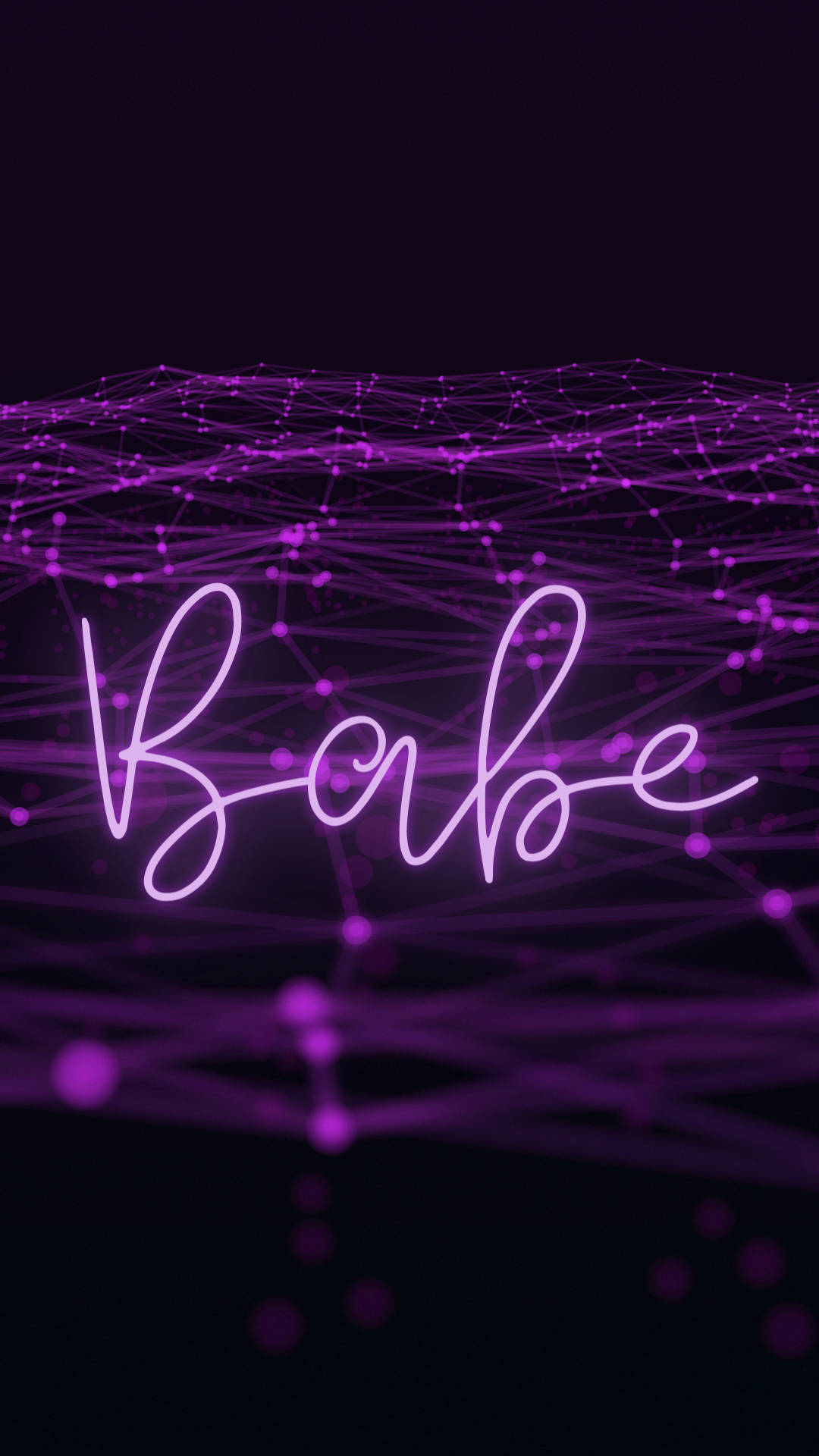 Purple Baddie 桌布 壁紙 — 一個發光的霓虹紫色草書單詞「Babe」漂浮在一個由連接的點和線組成的未來主義網絡上，背景為深色。