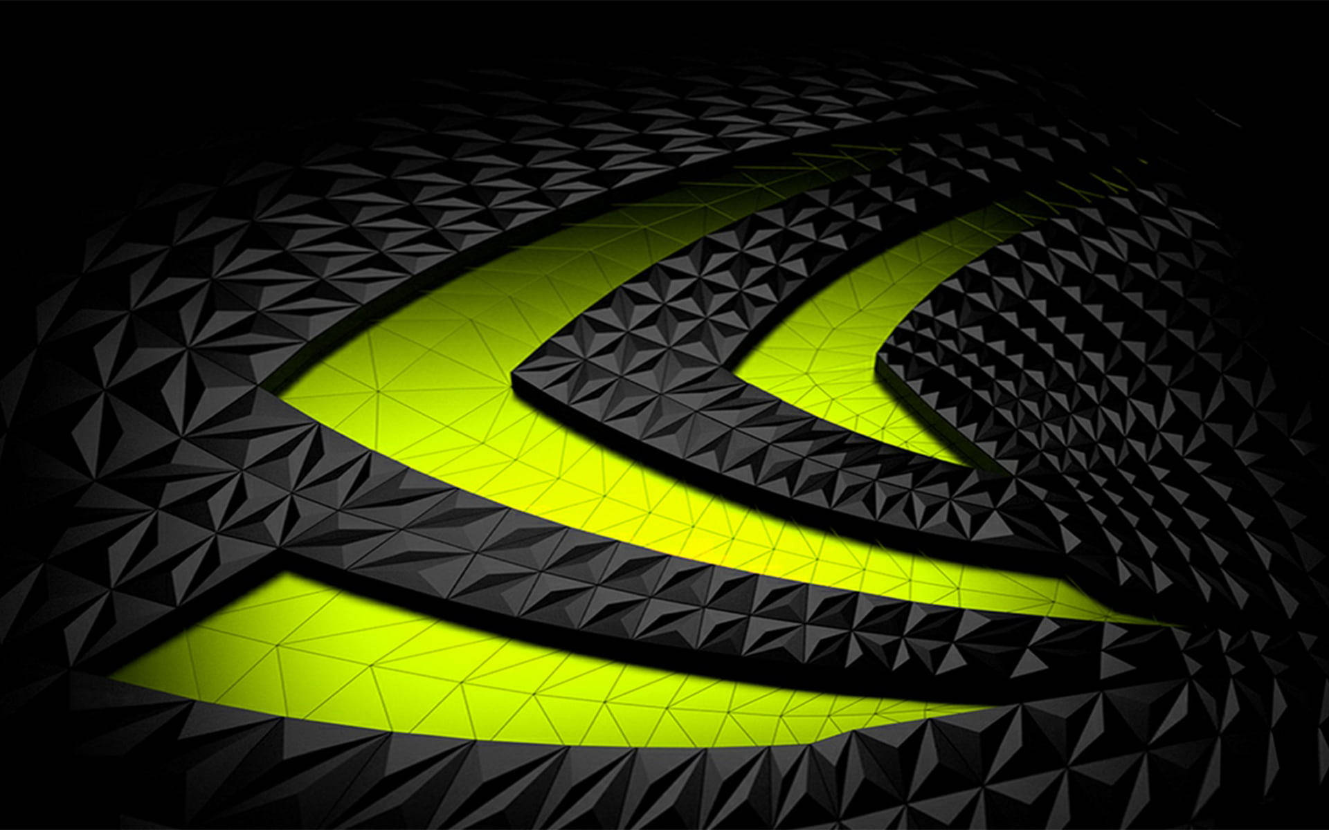 Logo 桌布 壁紙 — 一個發光的霓虹綠色NVIDIA標誌，帶有3D幾何黑色三角形紋理，背景為深色。