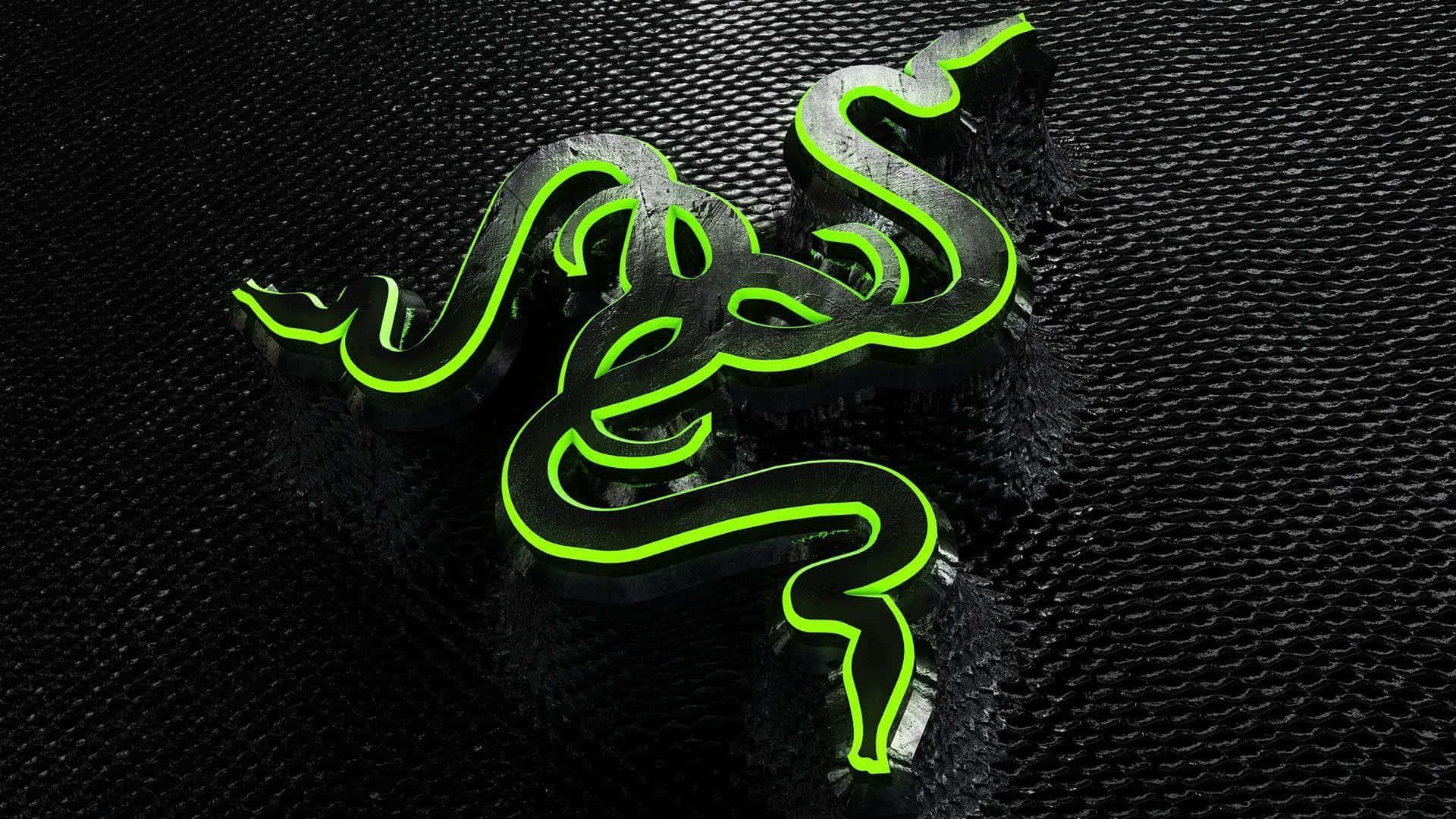 雷蛇 桌布 壁紙 — 一個發光的霓虹綠色Razer標誌，帶有3D金屬質感，放置在紋理黑色表面上。