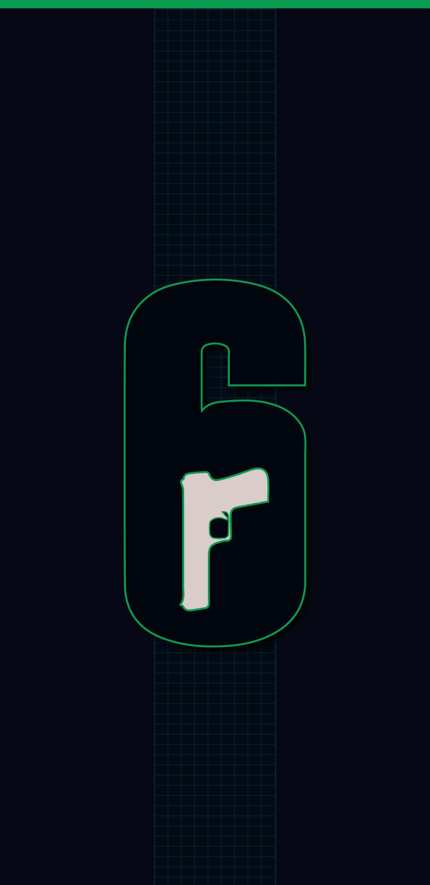 Pixel 3xl Rainbow Six Siege 桌布 壁紙 — 一個發光的霓虹綠色數字六，內部有手槍輪廓，置於深色網格背景上。