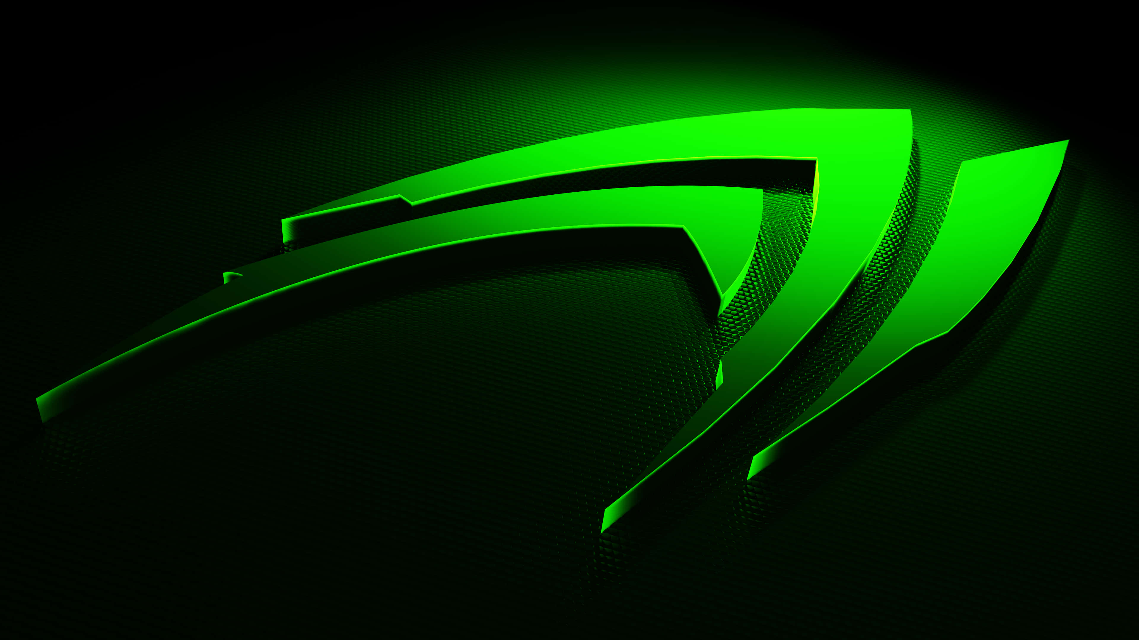 nvidia 桌布 壁紙 — 一個發光的霓虹綠色風格箭頭標誌，具有銳利邊緣和層次深度，置於深色紋理背景上。