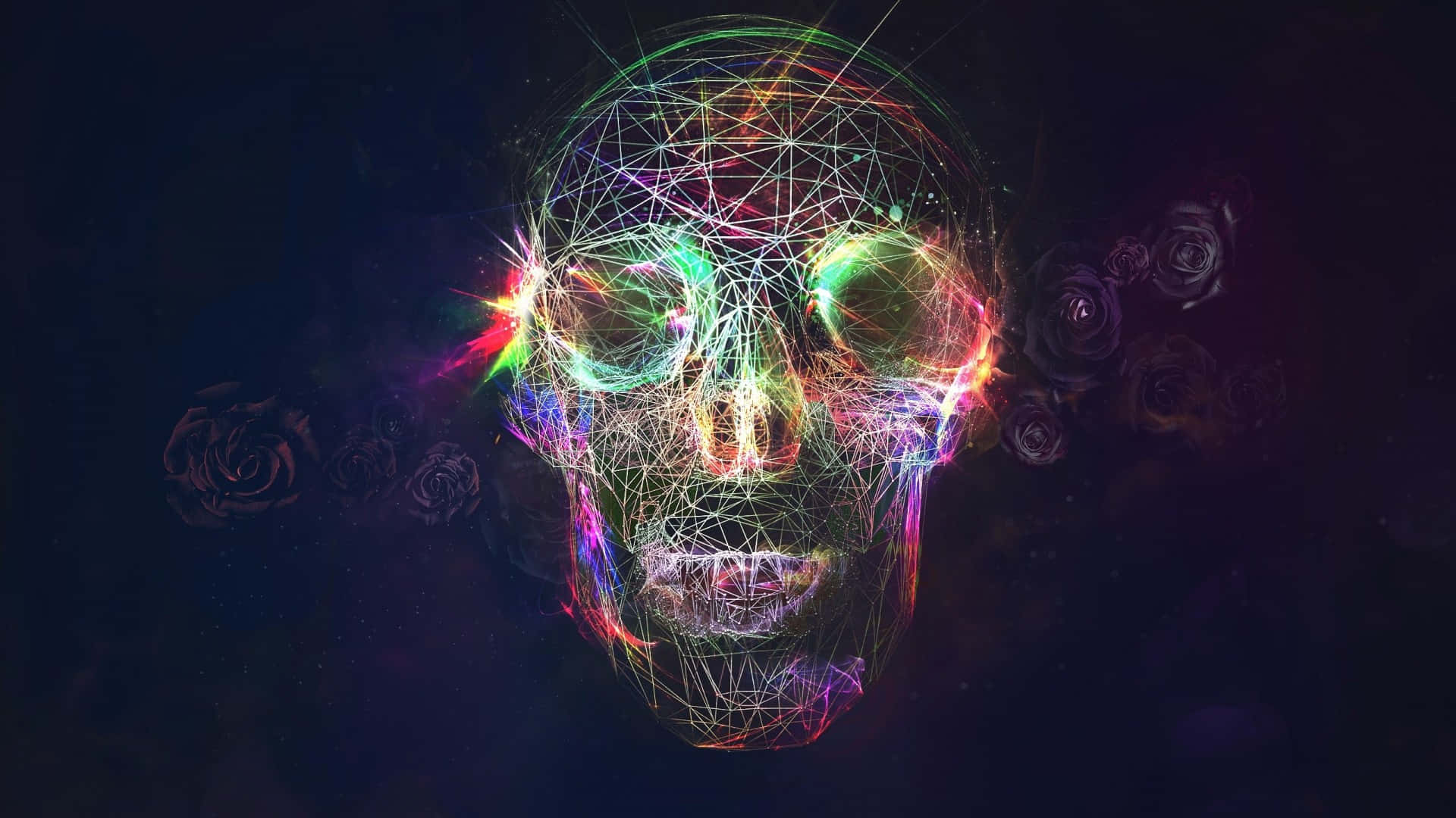 Sugar Skull Phone 桌布 壁紙 — 一個發光的霓虹線框骷髏頭，帶有鮮豔的光軌和深色玫瑰，背景是宇宙夜空。