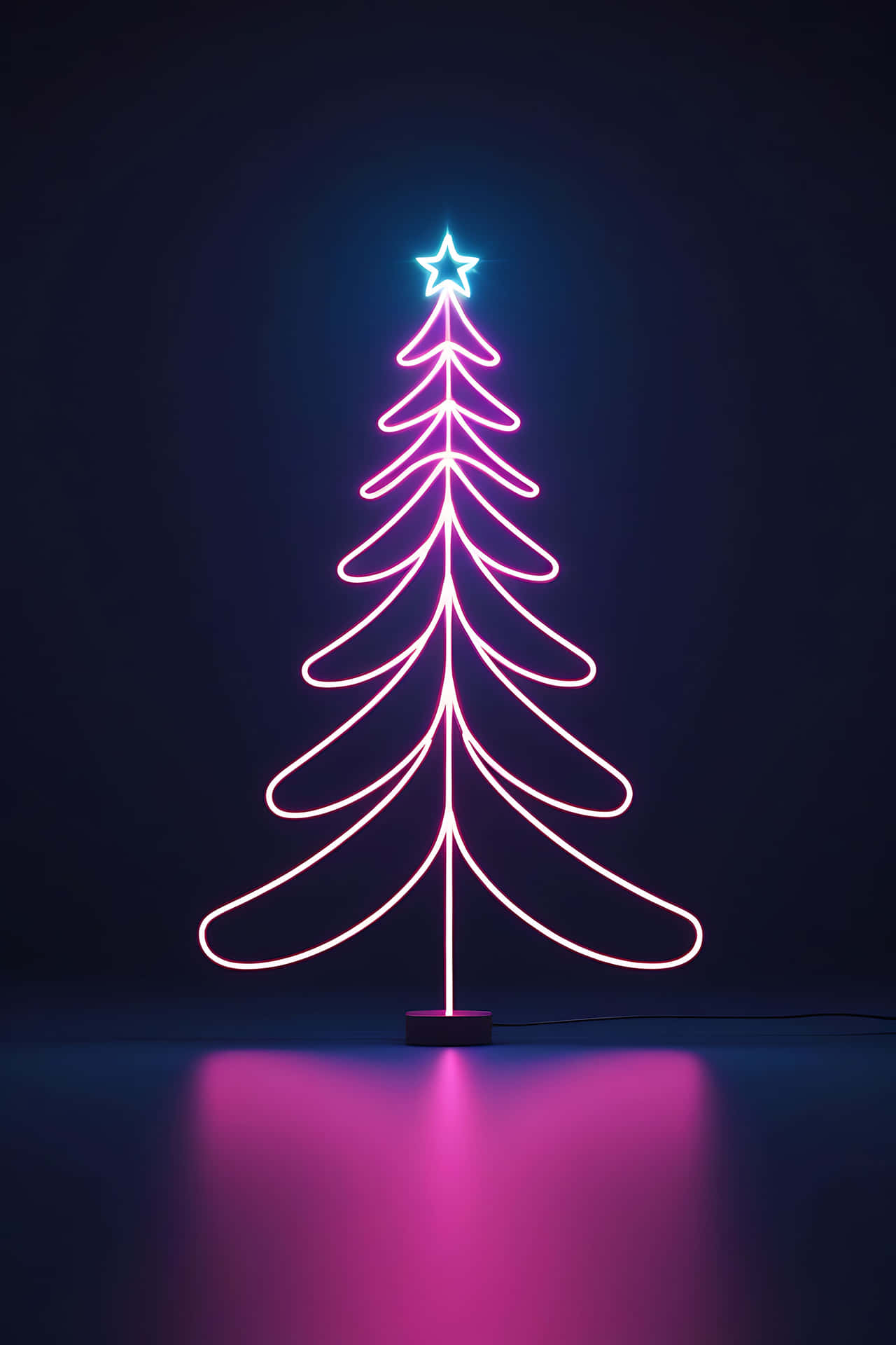 Illuminated neon christmas tree 壁紙 — 一個發光的霓虹聖誕樹，頂部有星星裝飾，在黑暗背景下發出粉紅色和藍色的光芒。