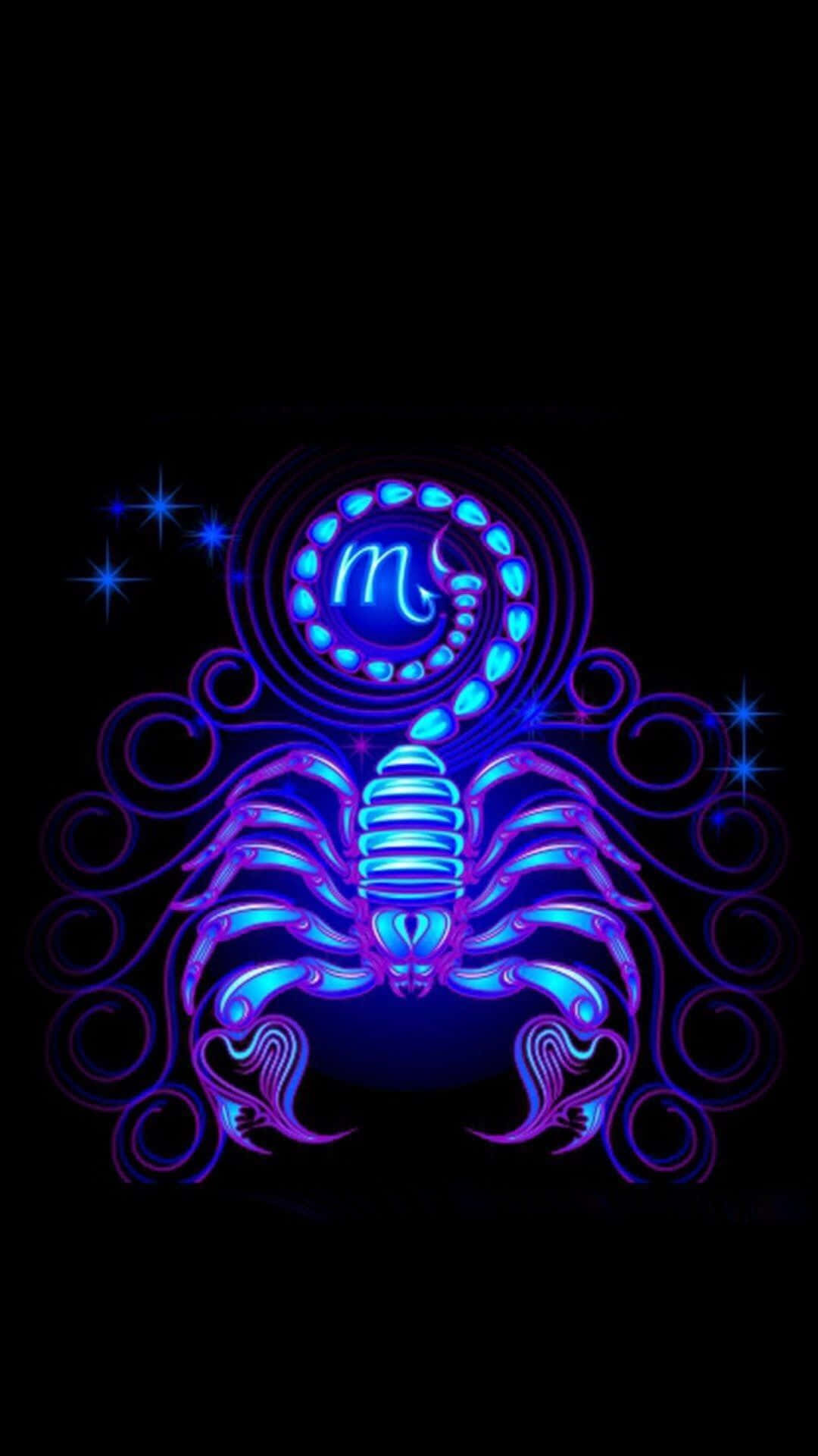Scorpio 桌布 壁紙 — 一個發光的霓虹藍色和紫色天蠍座星座符號，帶有漩渦圖案和星星，背景為黑色。